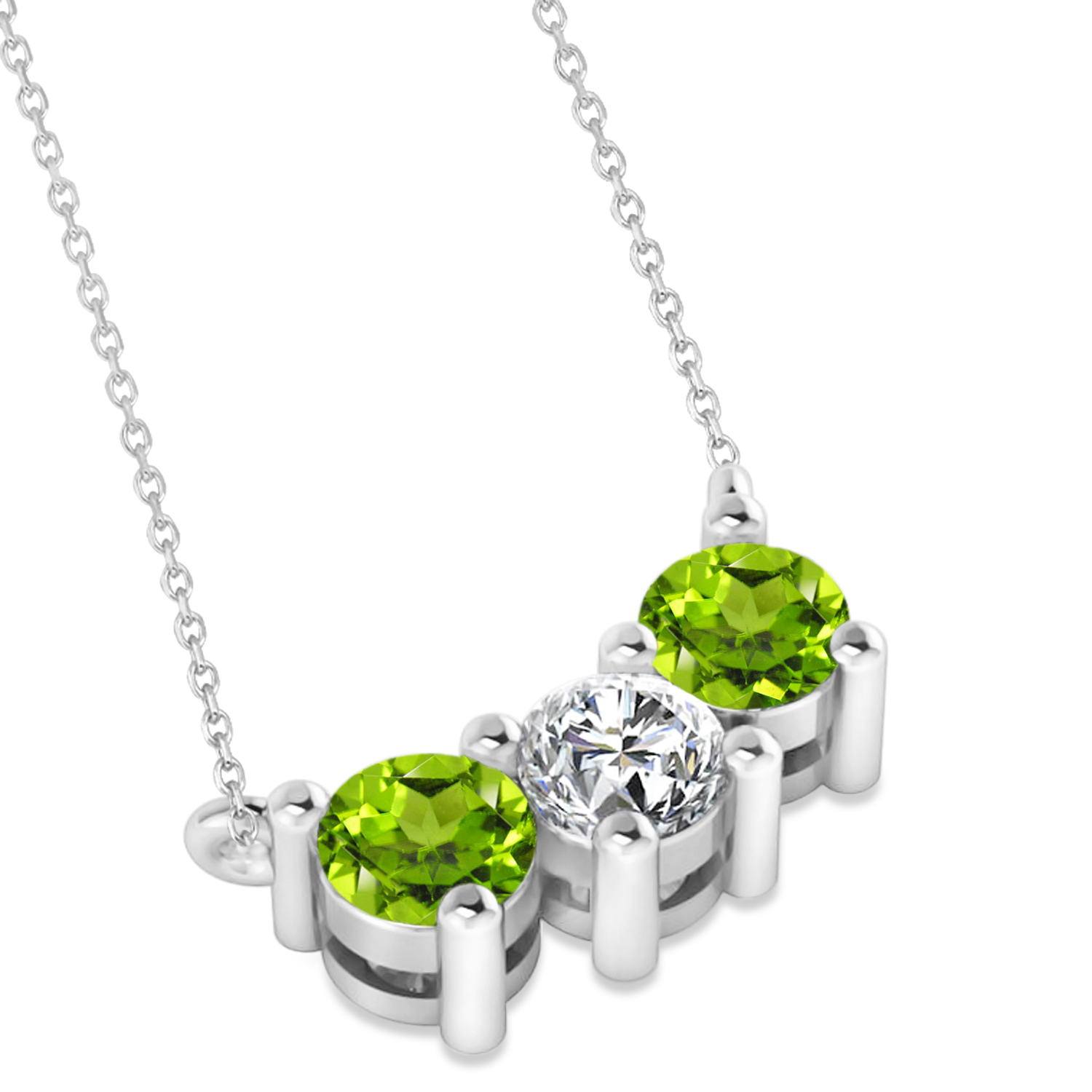 Three Stone Diamond & Peridot Pendant Necklace 14k White Gold (1.00ct)