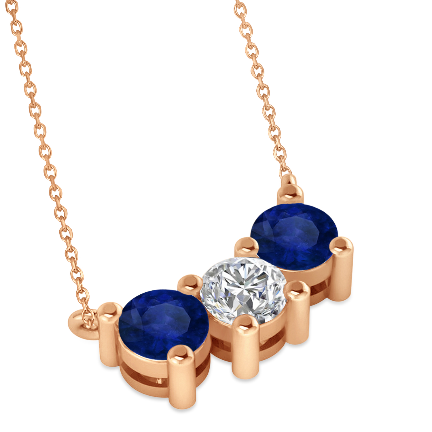 Three Stone Diamond & Blue Sapphire Pendant Necklace 14k Rose Gold (1.50ct)