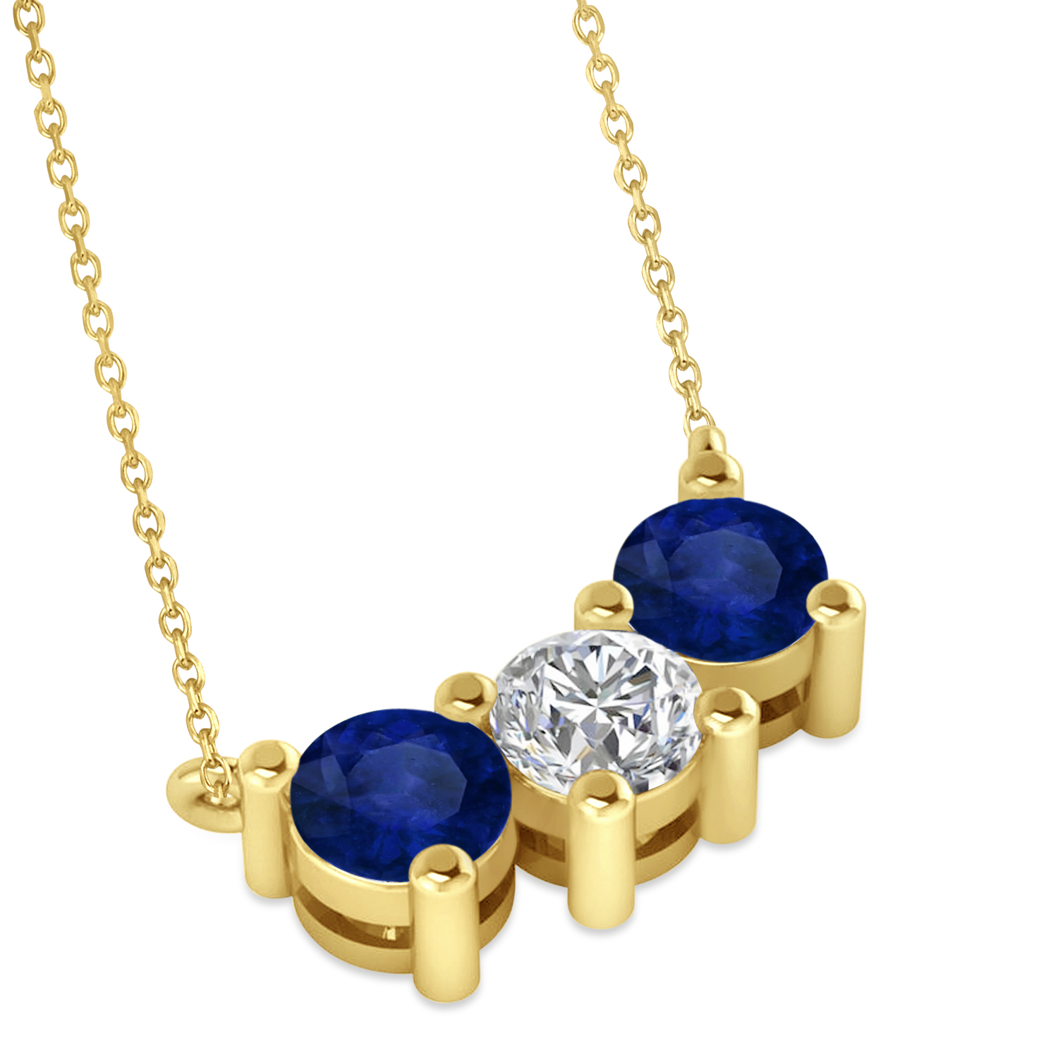 Three Stone Diamond & Blue Sapphire Pendant Necklace 14k Yellow Gold (1.50ct)