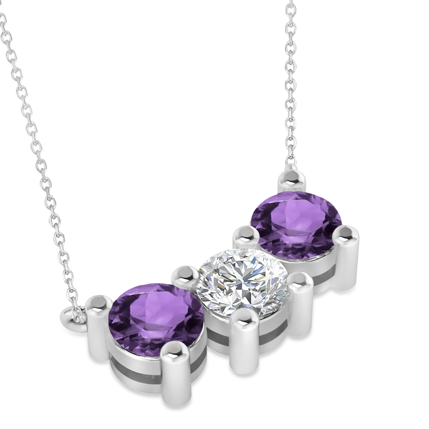 Three Stone Diamond & Amethyst Pendant Necklace 14k White Gold (3.00ct)
