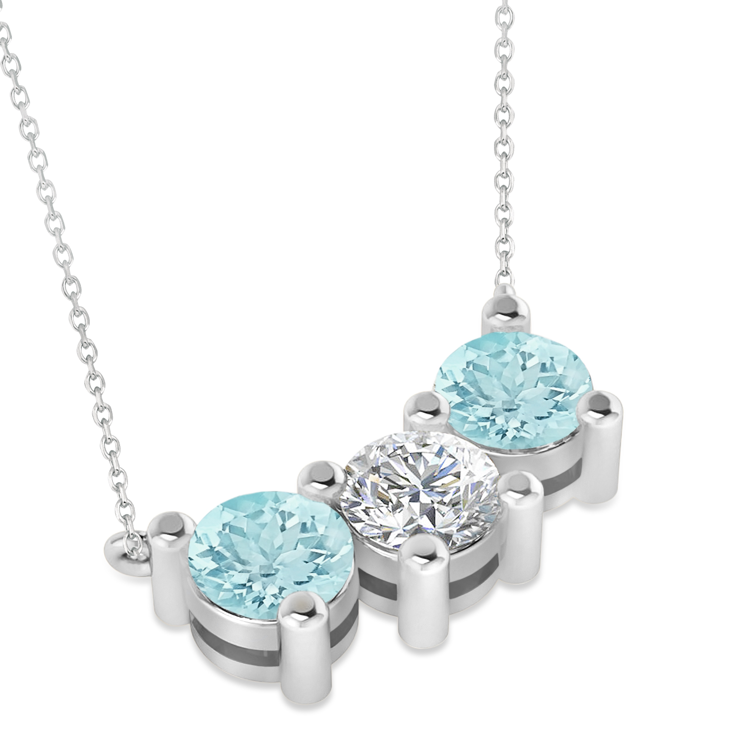 Three Stone Diamond & Aquamarine Pendant Necklace 14k White Gold (3.00ct)