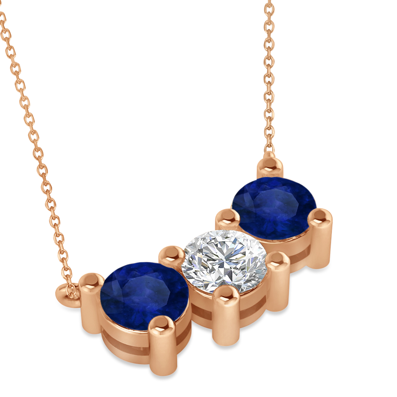 Three Stone Diamond & Blue Sapphire Pendant Necklace 14k Rose Gold (3.00ct)