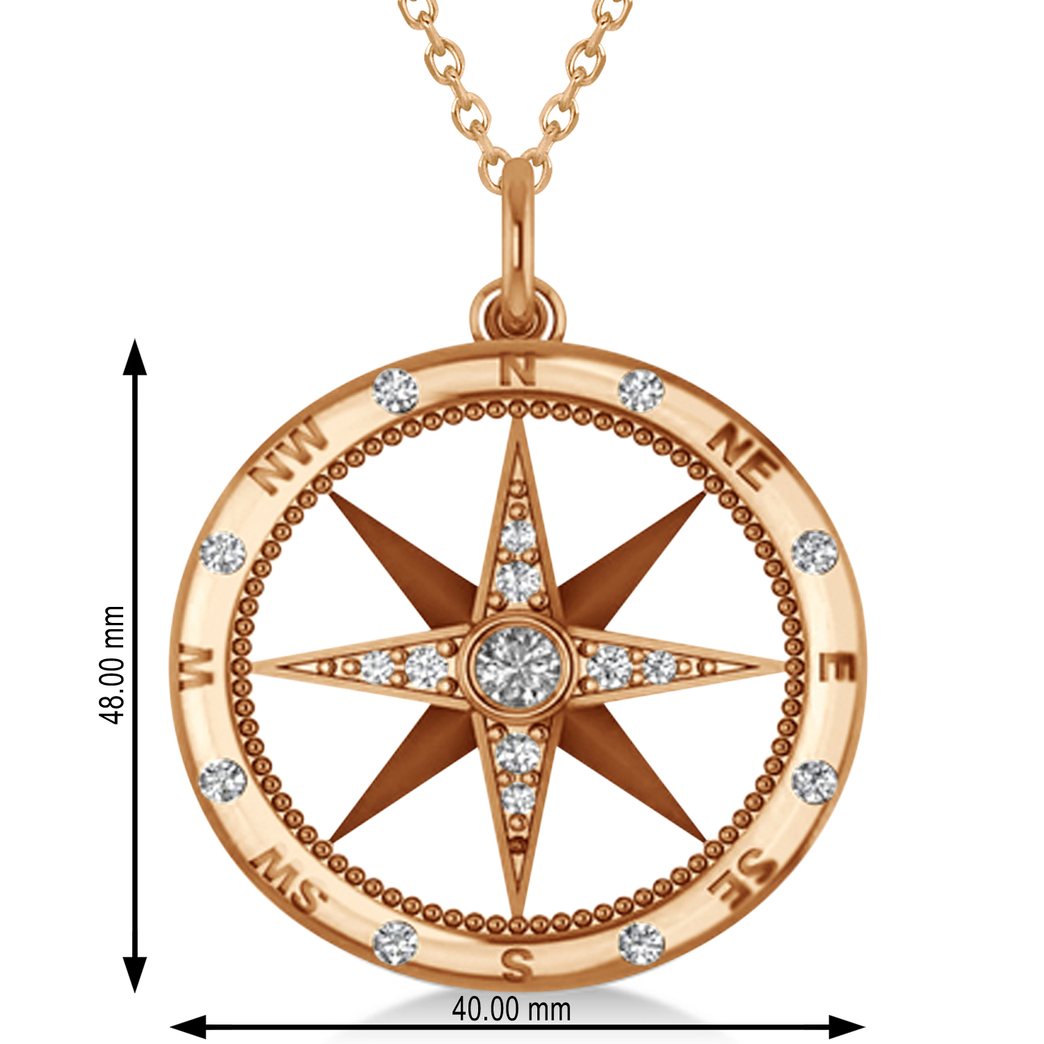 Extra Large Compass Necklace Pendant For Men Diamond Accented 14kRose Gold (0.45ct)