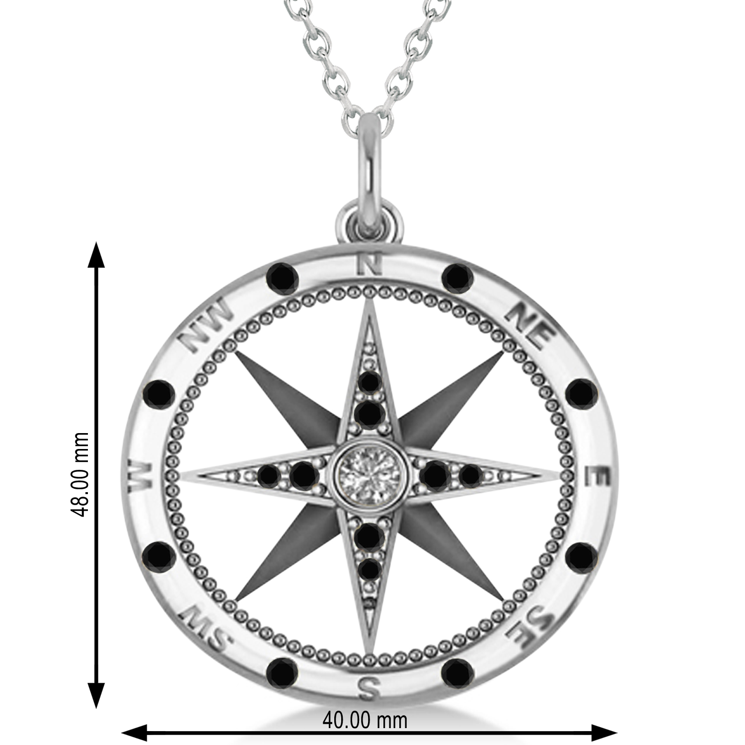 Compass Pendant For Men Black & White Diamond Accented 14k White Gold (0.45ct)
