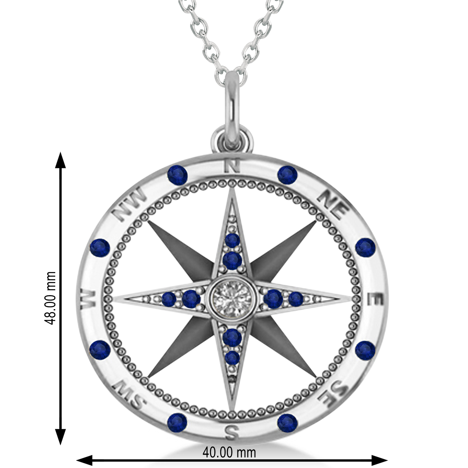 Compass Pendant For Men Blue Sapphire & Diamond Accented 14k White Gold (0.45ct)