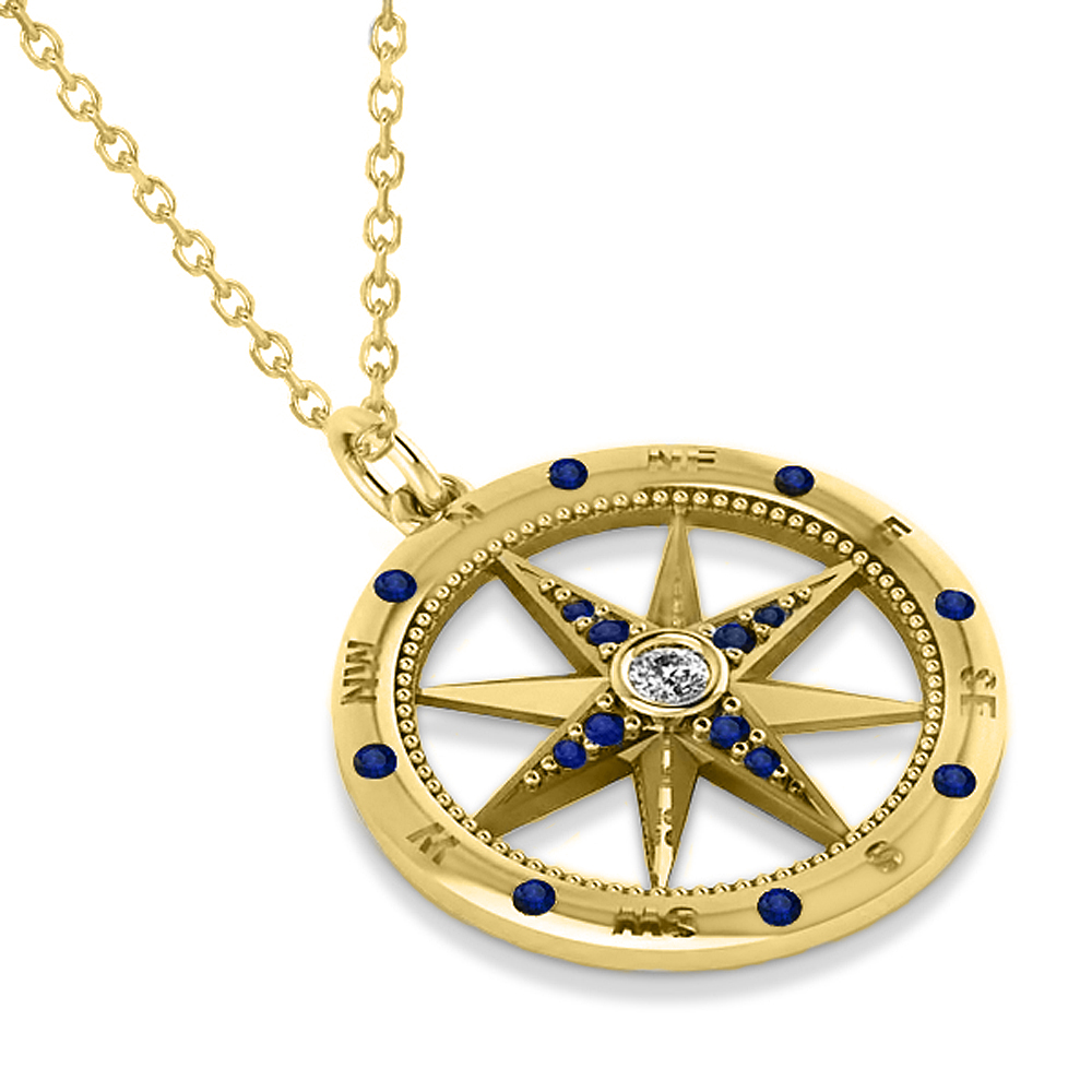 Compass Pendant For Men Blue Sapphire & Diamond Accented 14k Yellow Gold (0.45ct)