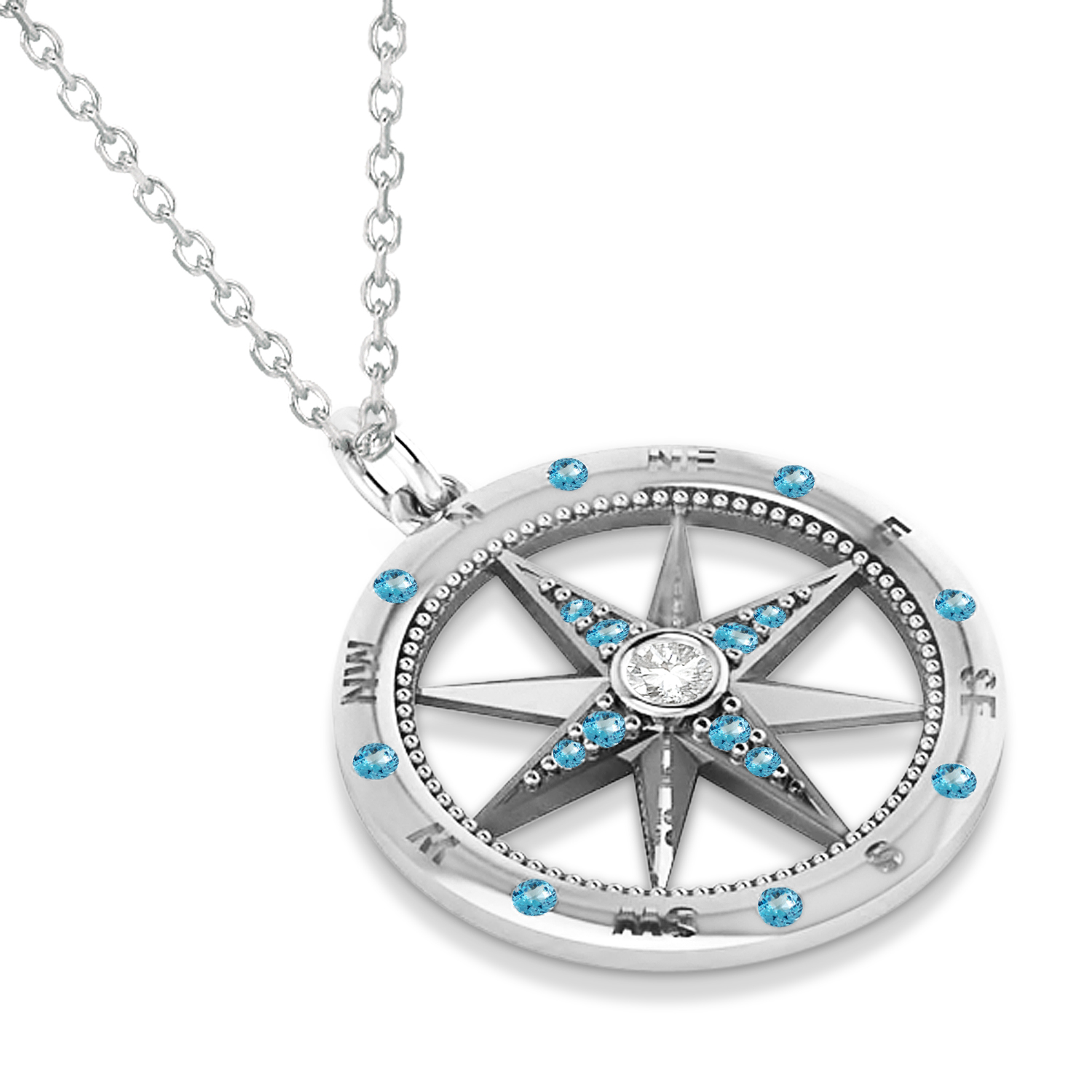 Compass Pendant For Men Blue Topaz & Diamond Accented 14k White Gold (0.45ct)