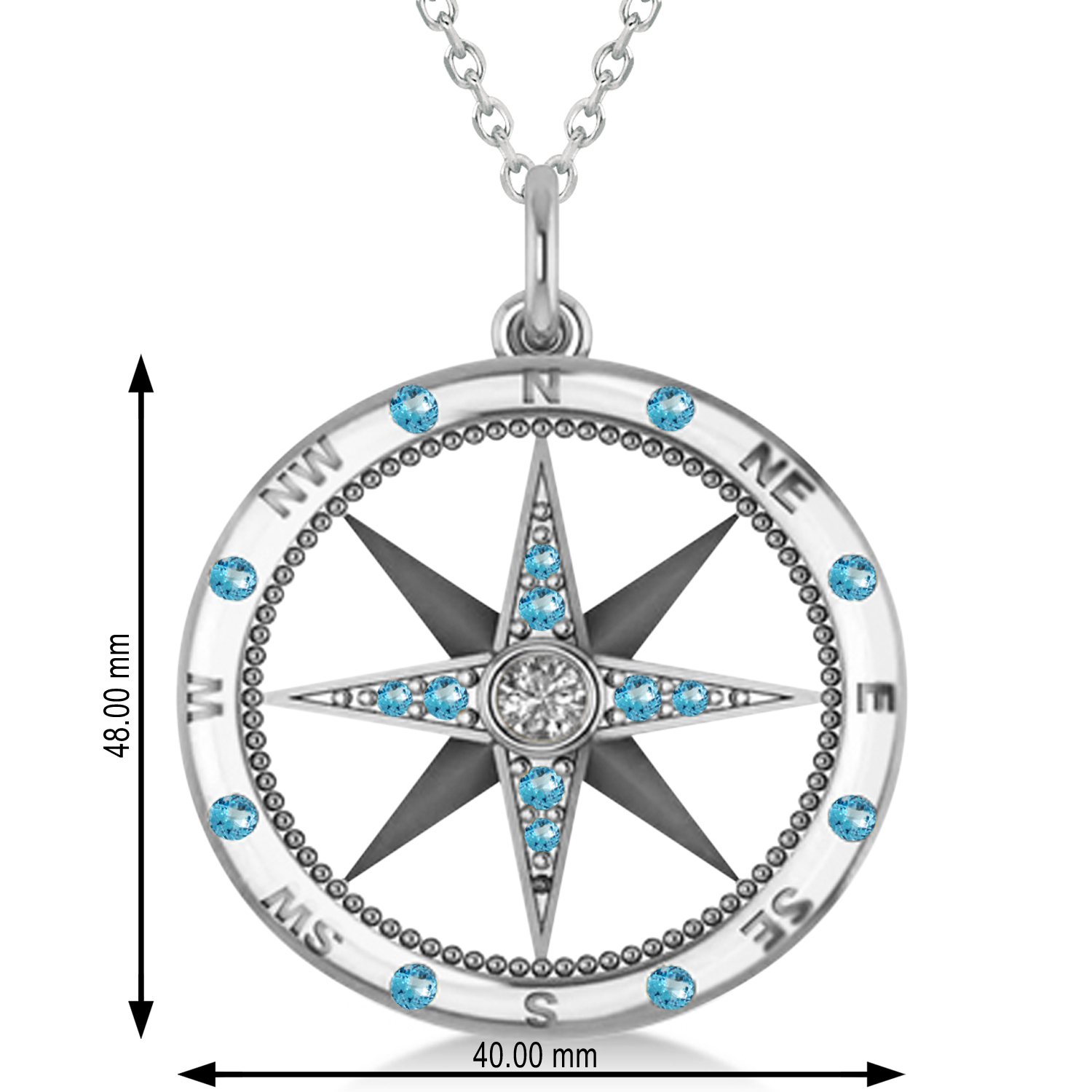 Compass Pendant For Men Blue Topaz & Diamond Accented 14k White Gold (0.45ct)