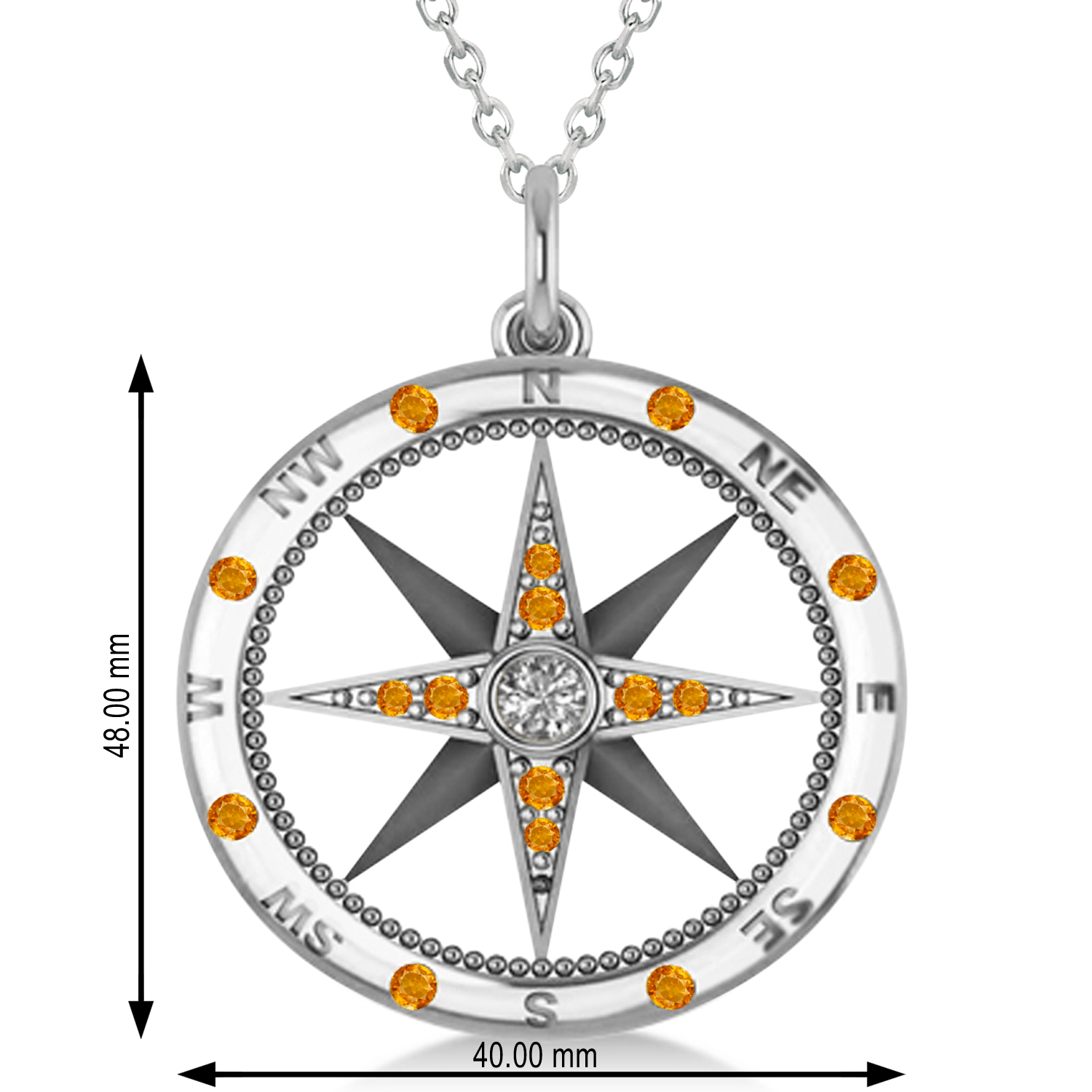 Compass Pendant For Men Citrine & Diamond Accented 14k White Gold (0.45ct)
