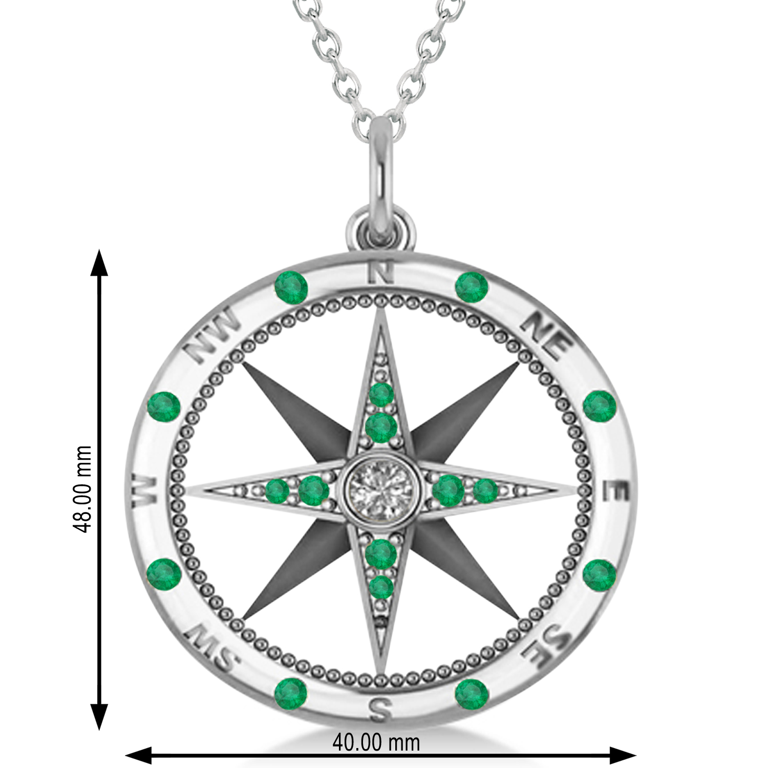 Compass Pendant For Men Emerald & Diamond Accented 14k White Gold (0.45ct)