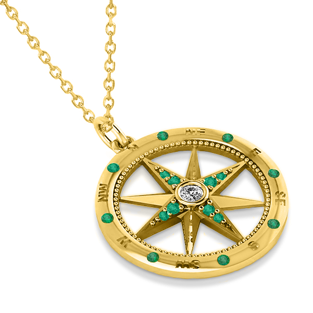 Compass Pendant For Men Emerald & Diamond Accented 14k Yellow Gold (0.45ct)