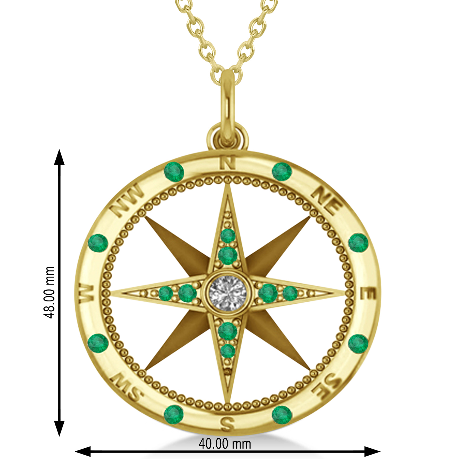 Compass Pendant For Men Emerald & Diamond Accented 14k Yellow Gold (0.45ct)
