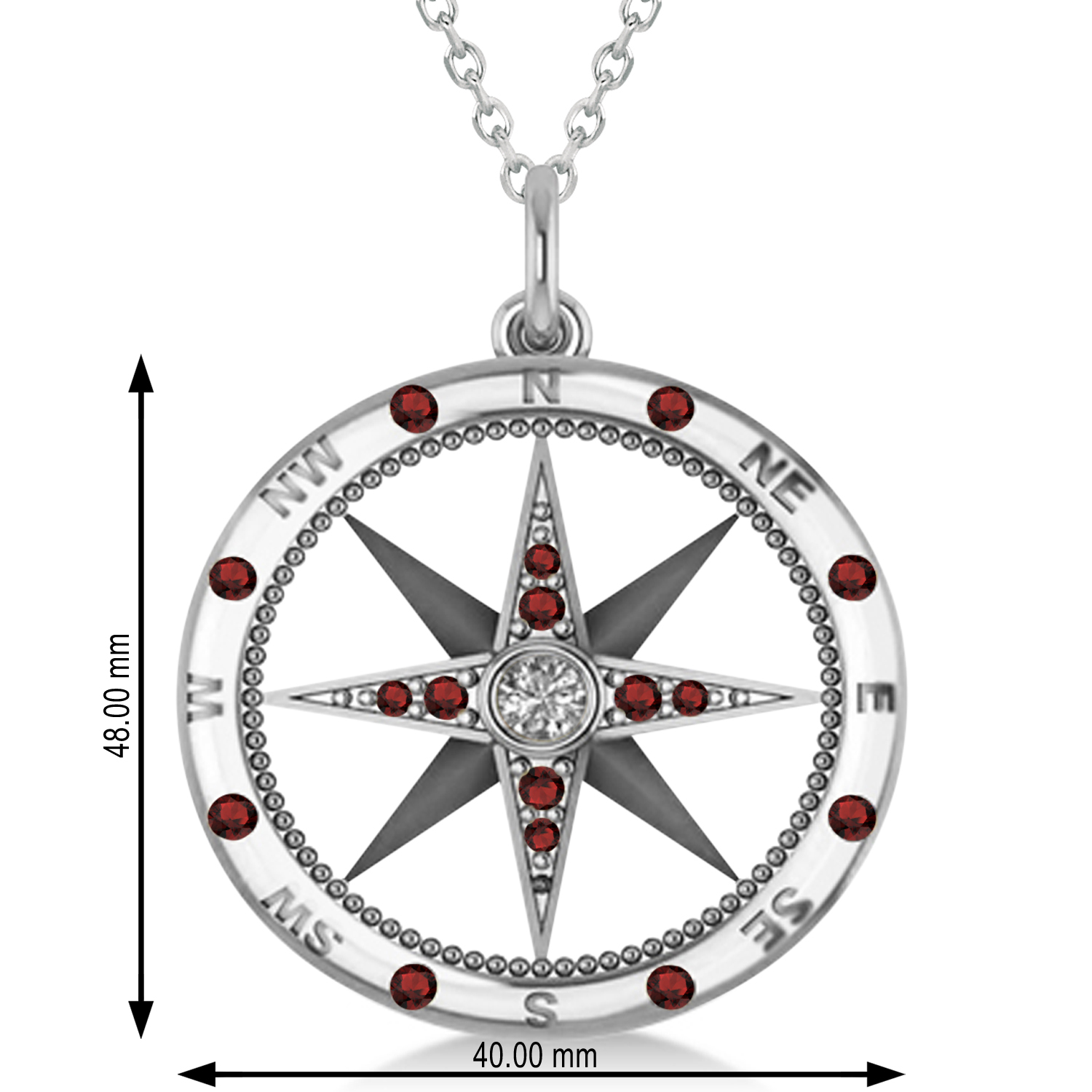 Compass Pendant For Men Garnet & Diamond Accented 14k White Gold (0.45ct)