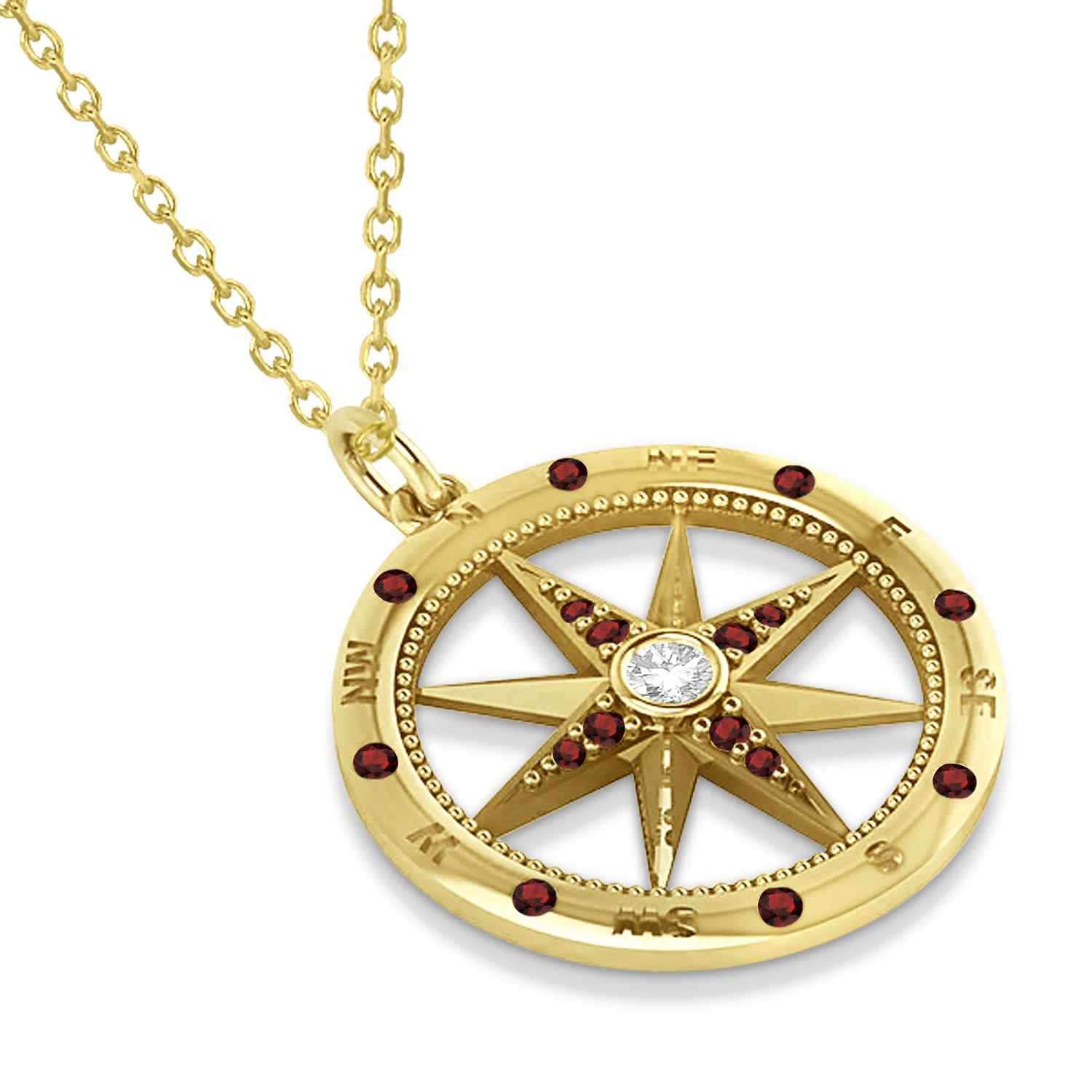 Compass Pendant For Men Garnet & Diamond Accented 14k Yellow Gold (0.45ct)