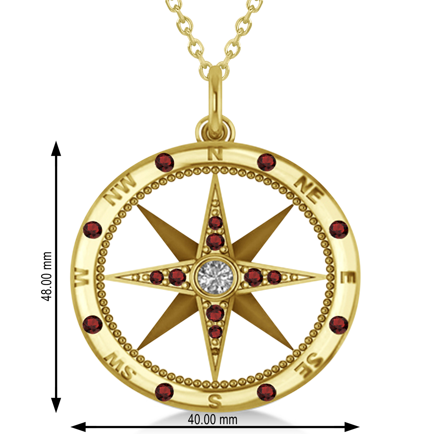 Compass Pendant For Men Garnet & Diamond Accented 14k Yellow Gold (0.45ct)