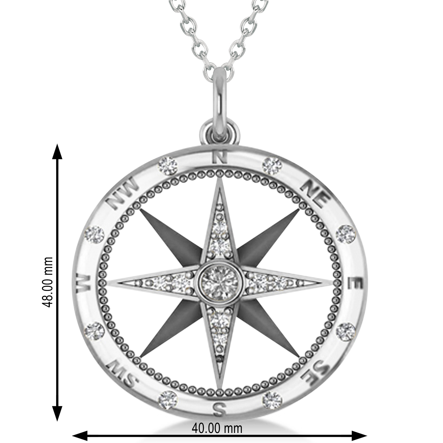 Compass Necklace Pendant For Men Lab Grown Diamond Accented 14k White Gold (0.45ct)