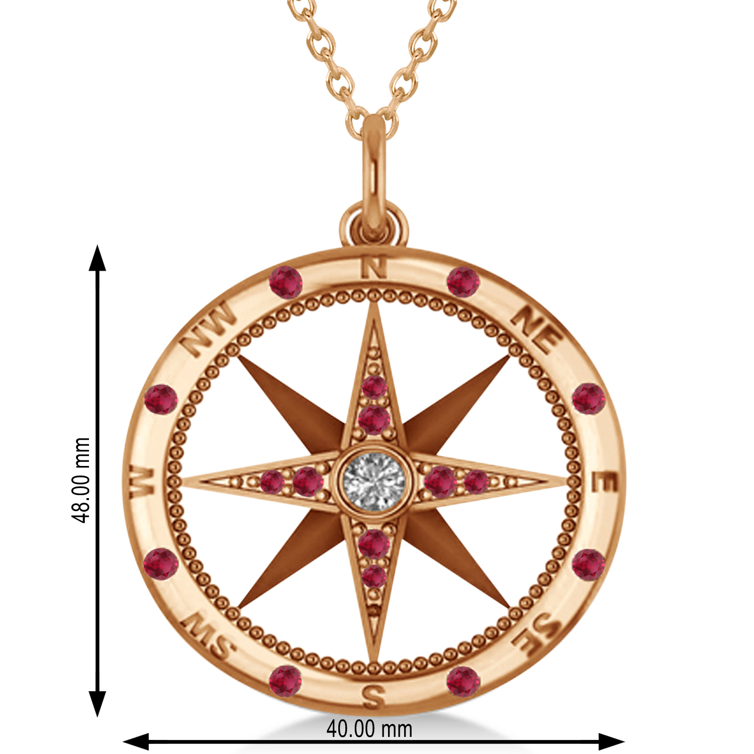 Extra Large Compass Pendant For Men Ruby & Diamond Accented 14k Rose Gold (0.45ct)