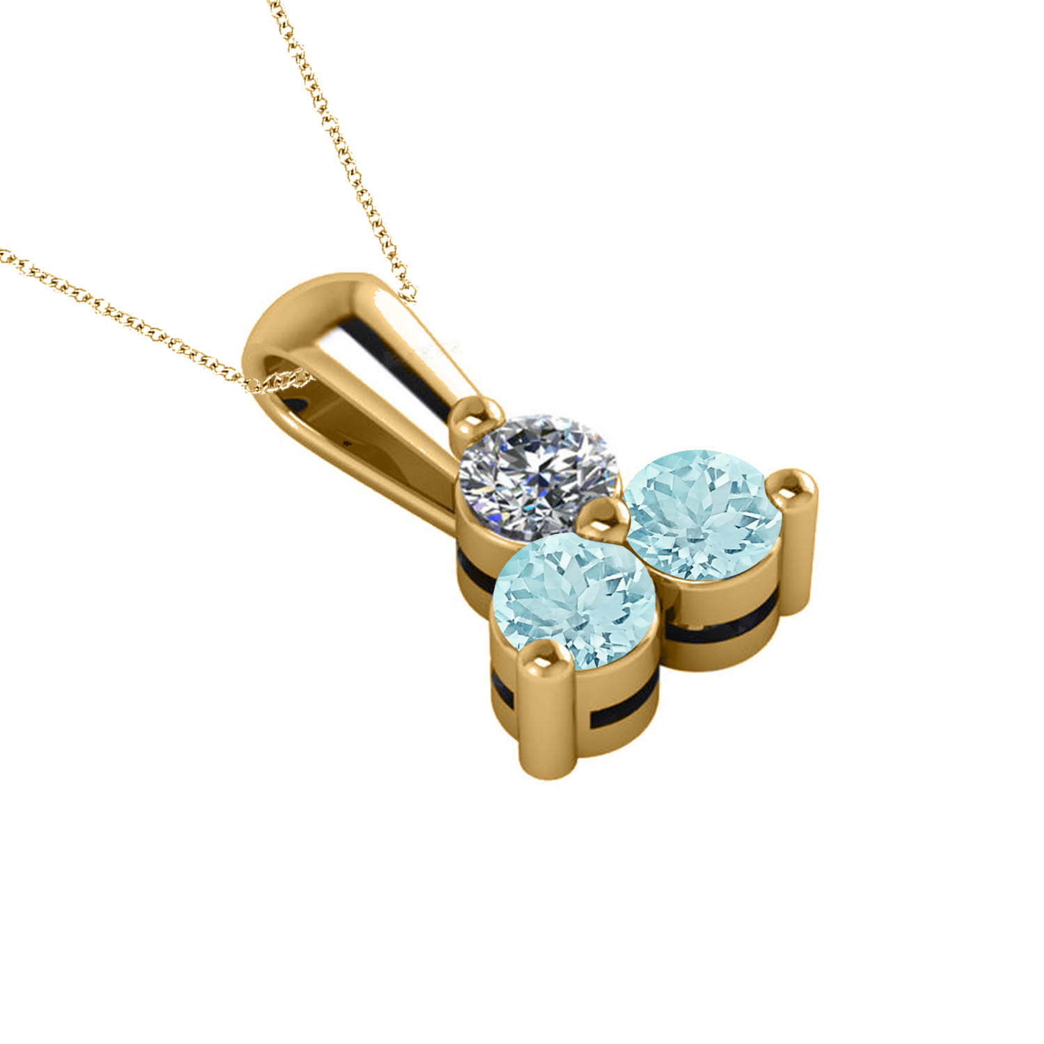 Three Stone Diamond & Aquamarine Pendant Necklace 14k Yellow Gold (0.50ct)