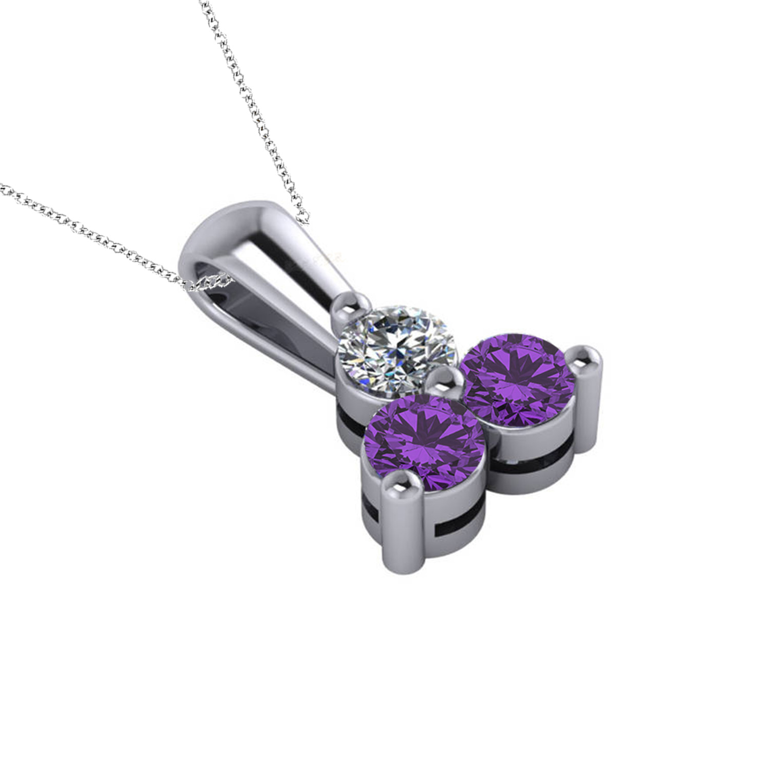 Three Stone Diamond & Amethyst Pendant Necklace 14k White Gold (1.00ct)