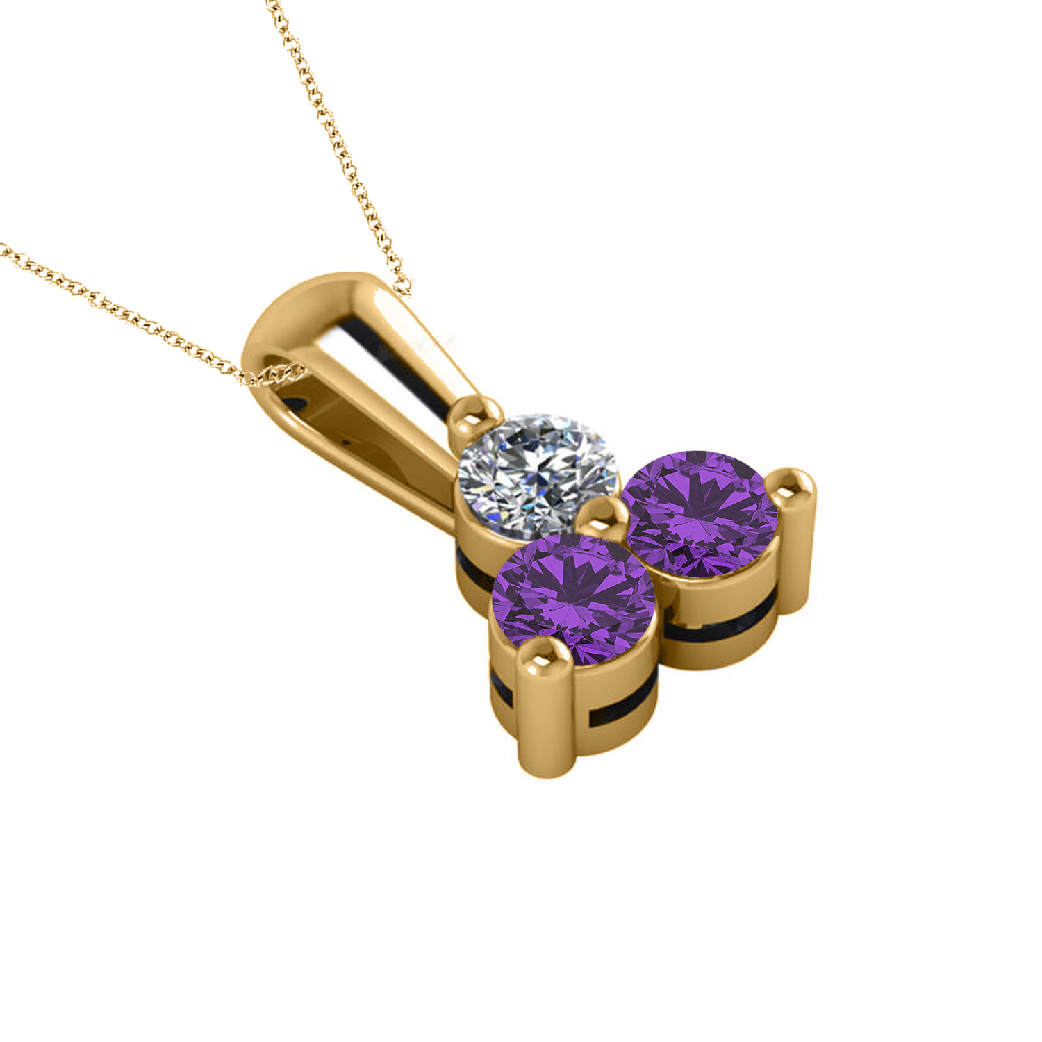 Three Stone Diamond & Amethyst Pendant Necklace 14k Yellow Gold (1.00ct)