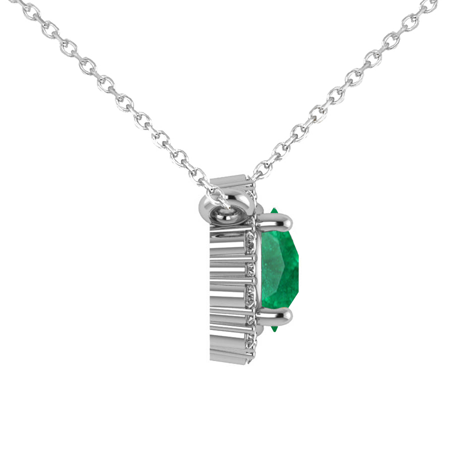 Round Diamond & Emerald Halo Pendant Necklace 14K White Gold (1.40ct)