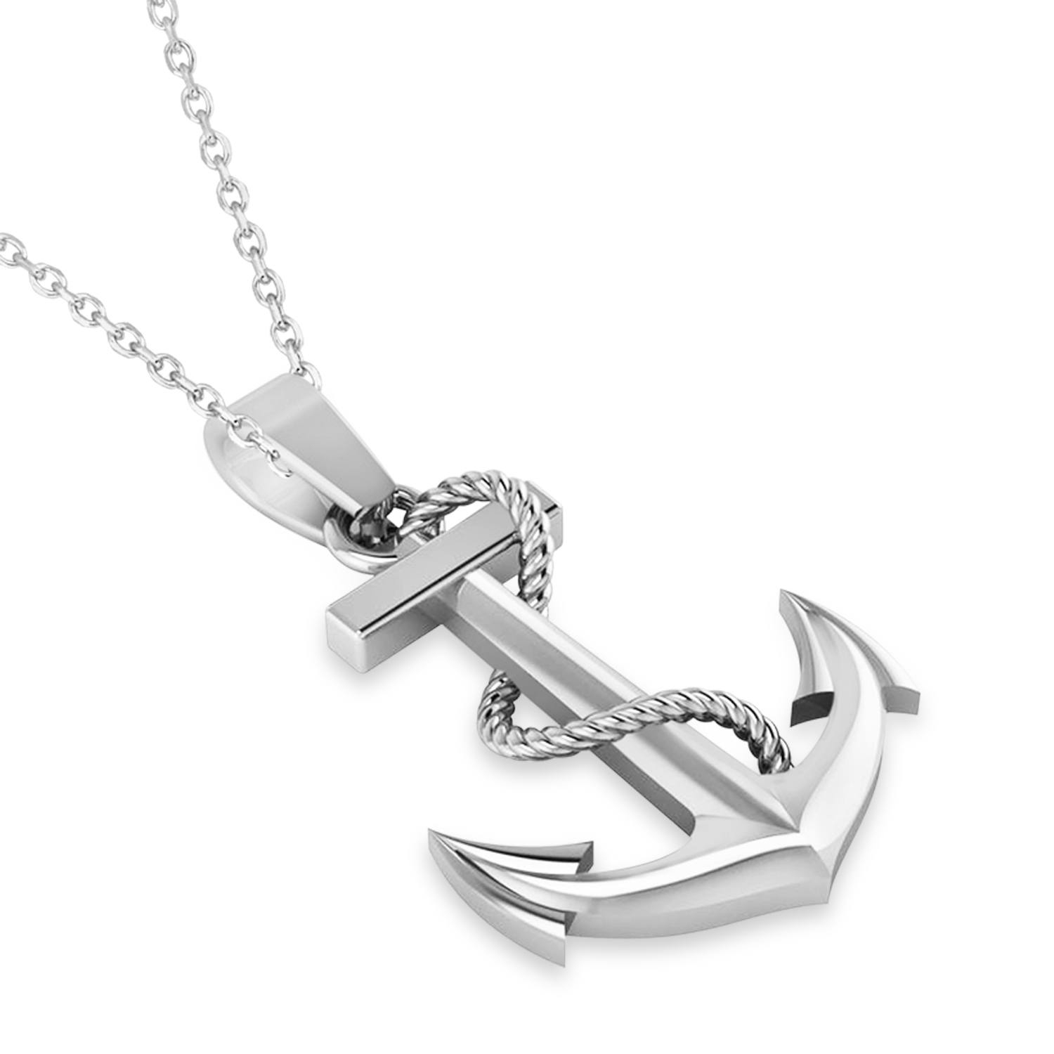 Men's Anchor Pendant Necklace Rope Design 14k White Gold