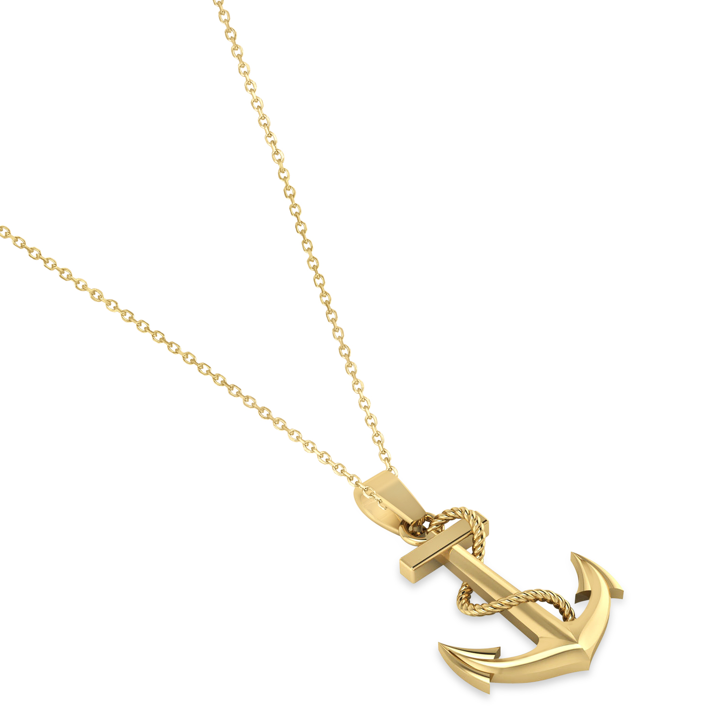Men's Anchor Pendant Necklace Rope Design 14k Yellow Gold Necklace