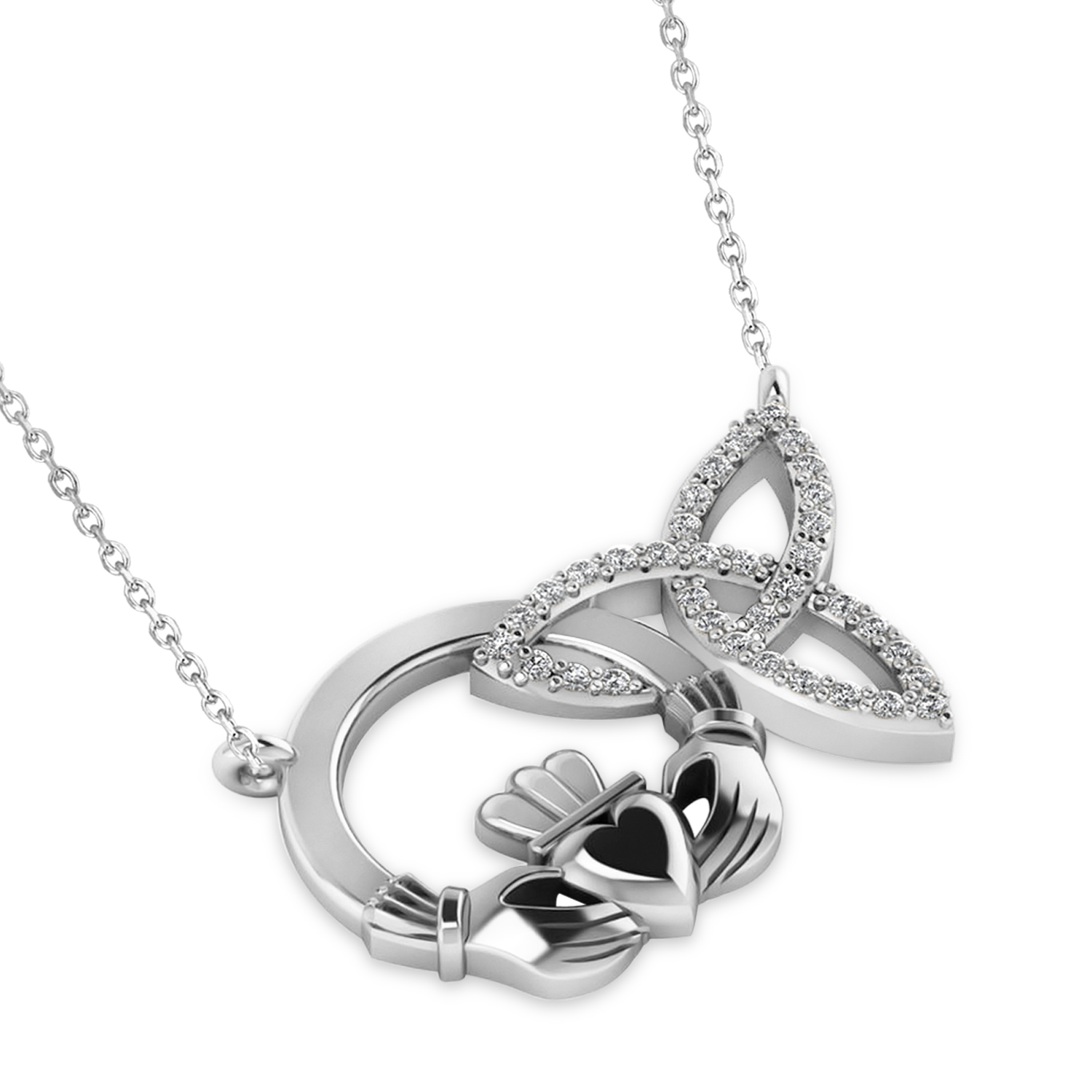 Diamond Claddagh & Trinity Pendant Necklace 14k White Gold (0.18ct)