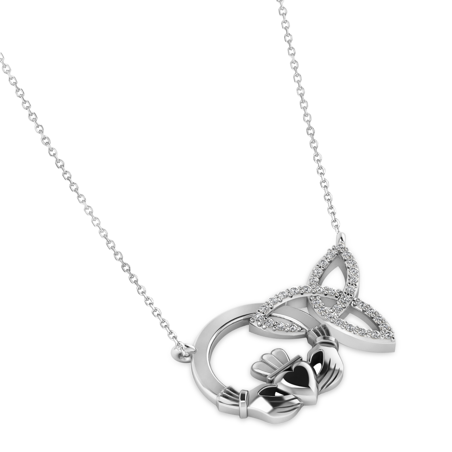Diamond Claddagh & Trinity Pendant Necklace 14k White Gold (0.18ct)