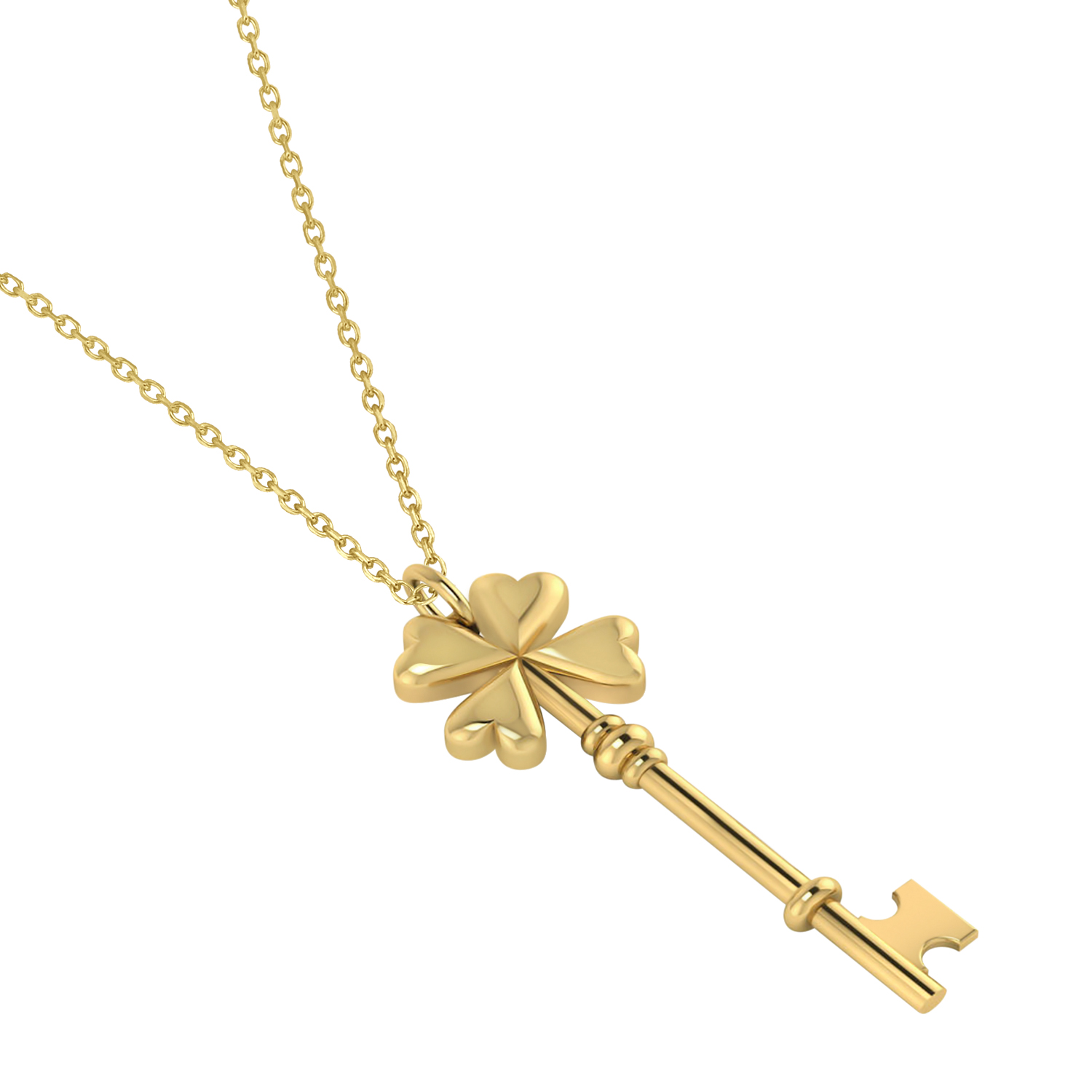 Four Leaf Clover Key Pendant Necklace 14k Yellow Gold