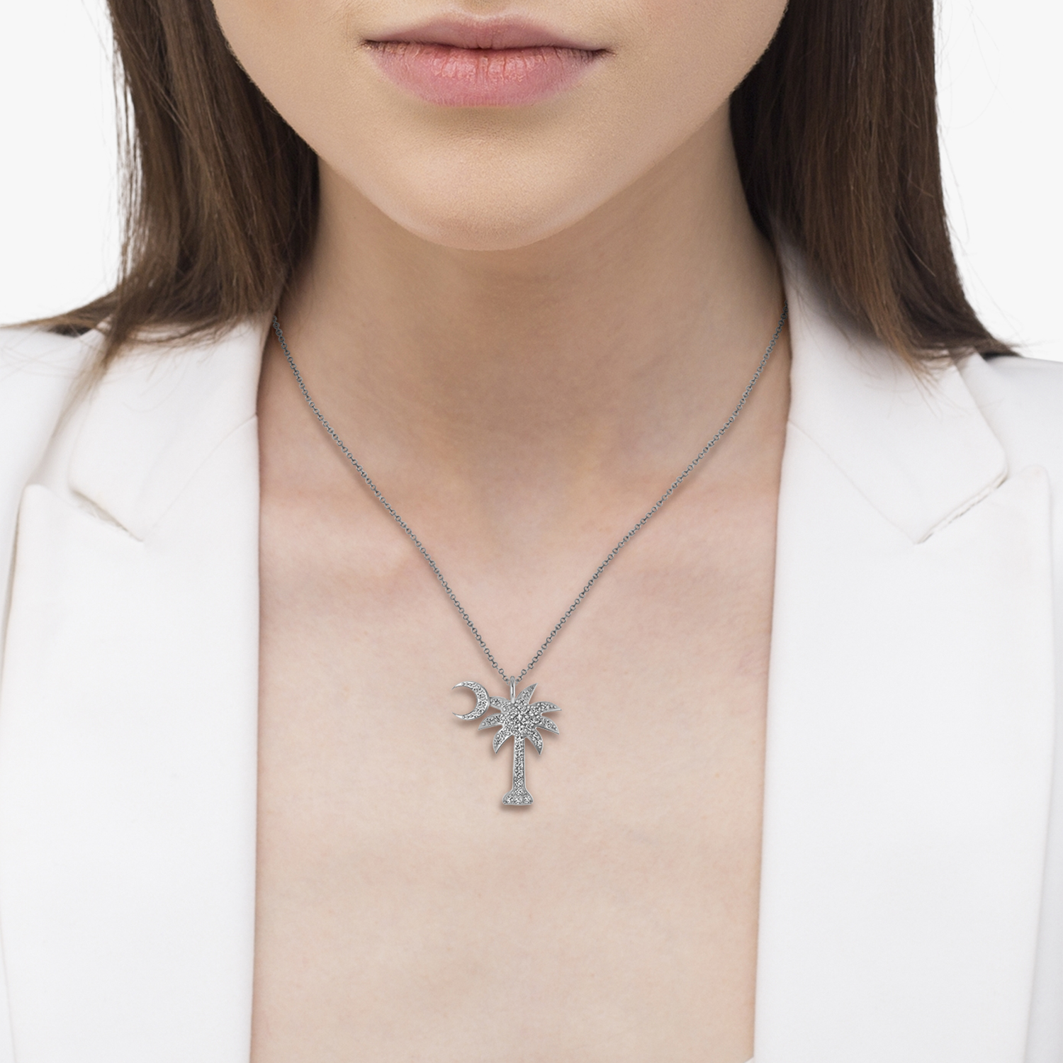 Palmetto & Crescent Moon Lab Diamond Pendant Necklace 14k White Gold (0.81ct)