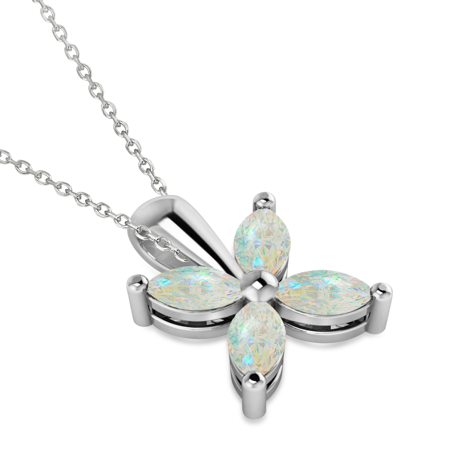 Opal Marquise Flower Pendant Necklace 14k White Gold (0.68 ctw)