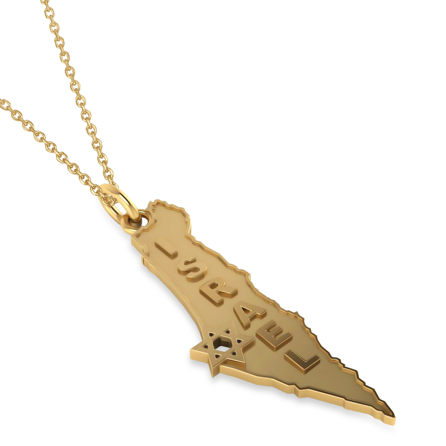 Israel Map Pendant Necklace with Jewish Star 14K Yellow Gold