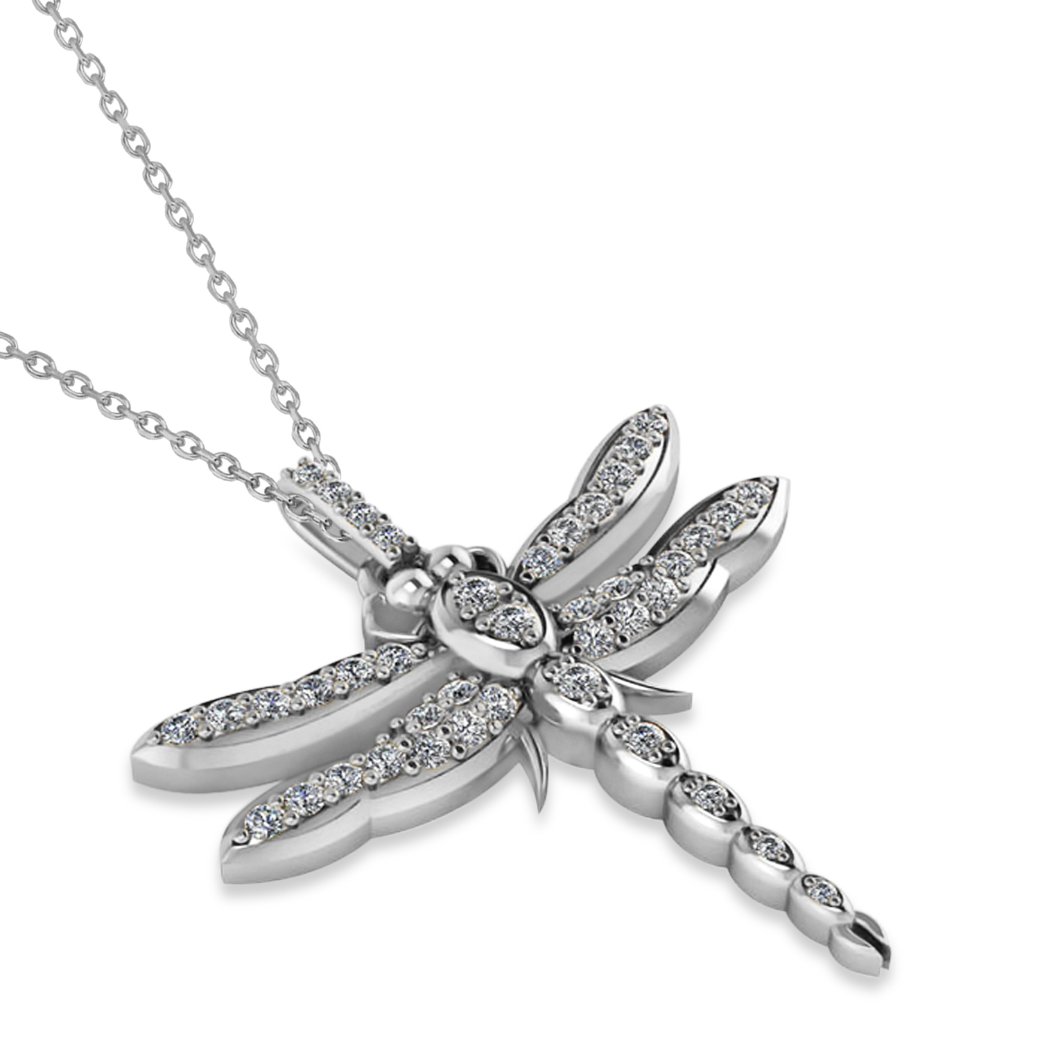 Dragonfly Insect Diamond Pendant Necklace 14k White Gold 0.59ct IN951