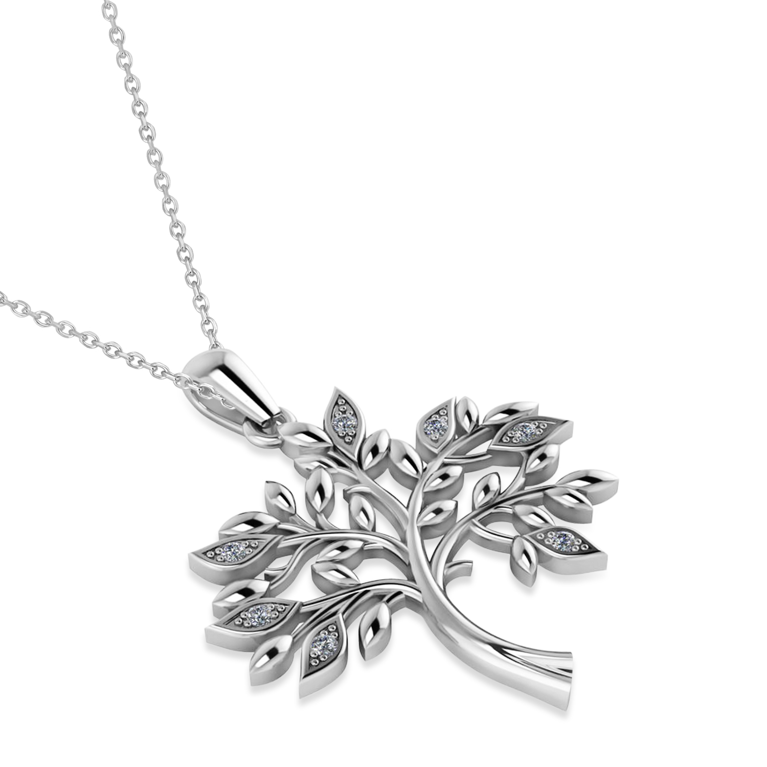 Diamond Family Tree Of Life Charm Pendant Necklace 14k White Gold (0.11 ct)