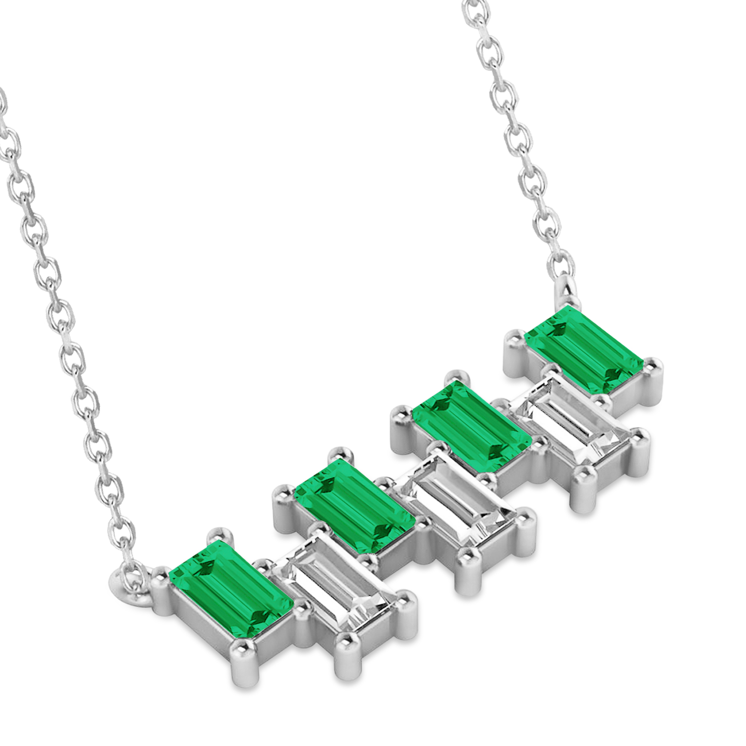 Bar Emerald & Diamond Baguette Necklace 14k White Gold (2.10 ctw)