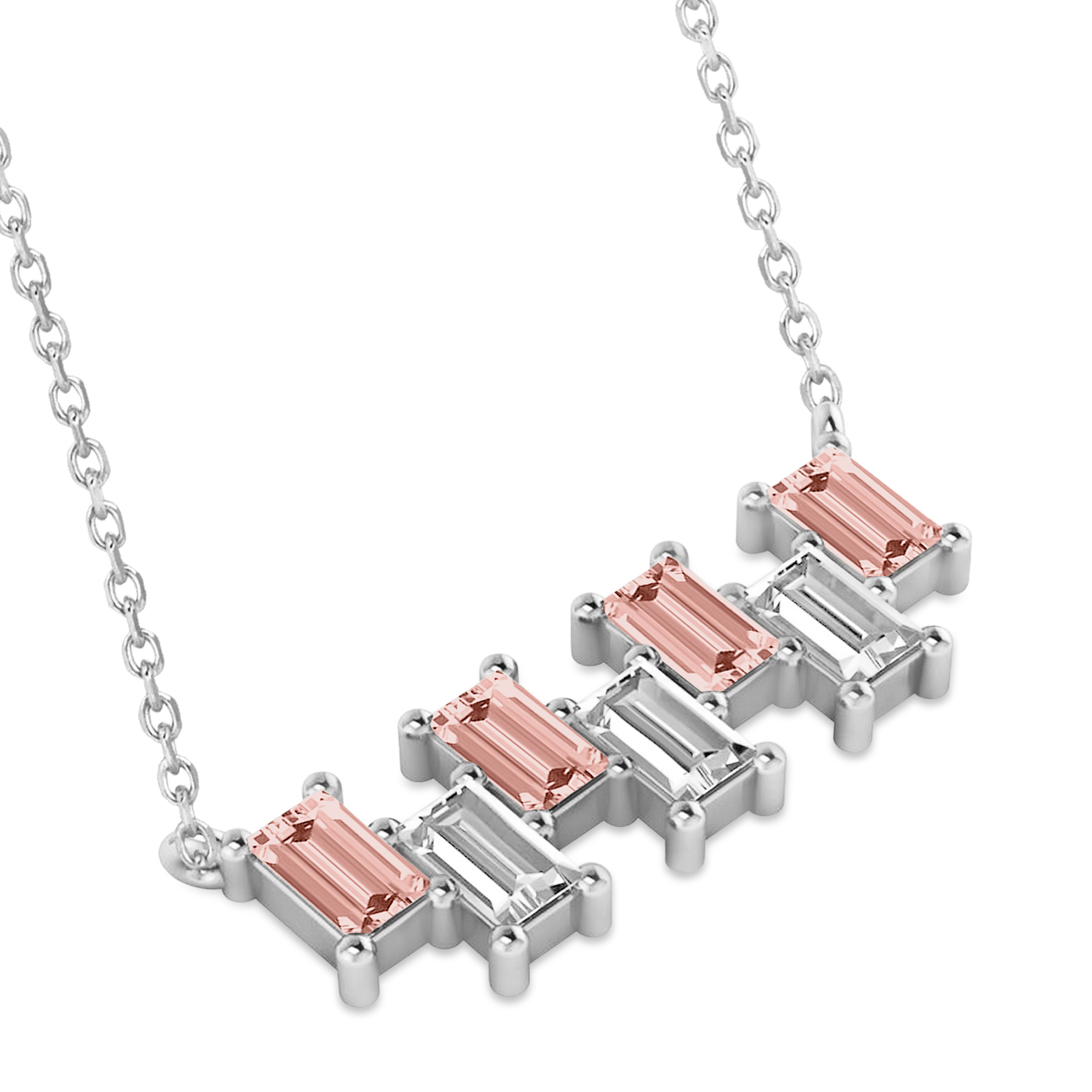 Bar Morganite & Diamond Baguette Necklace 14k White Gold (3.10 ctw)