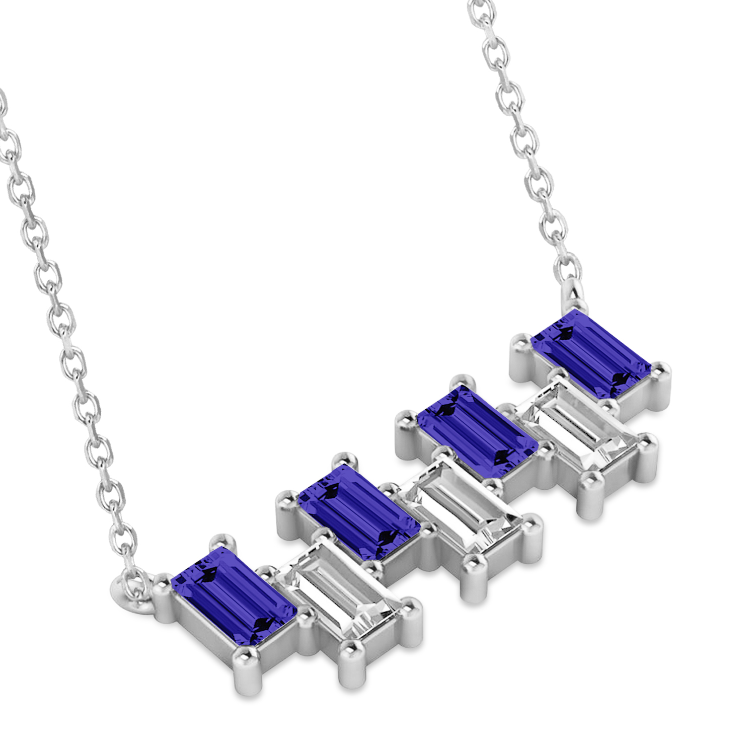 Bar Tanzanite & Diamond Baguette Necklace 14k White Gold (2.42 ctw)
