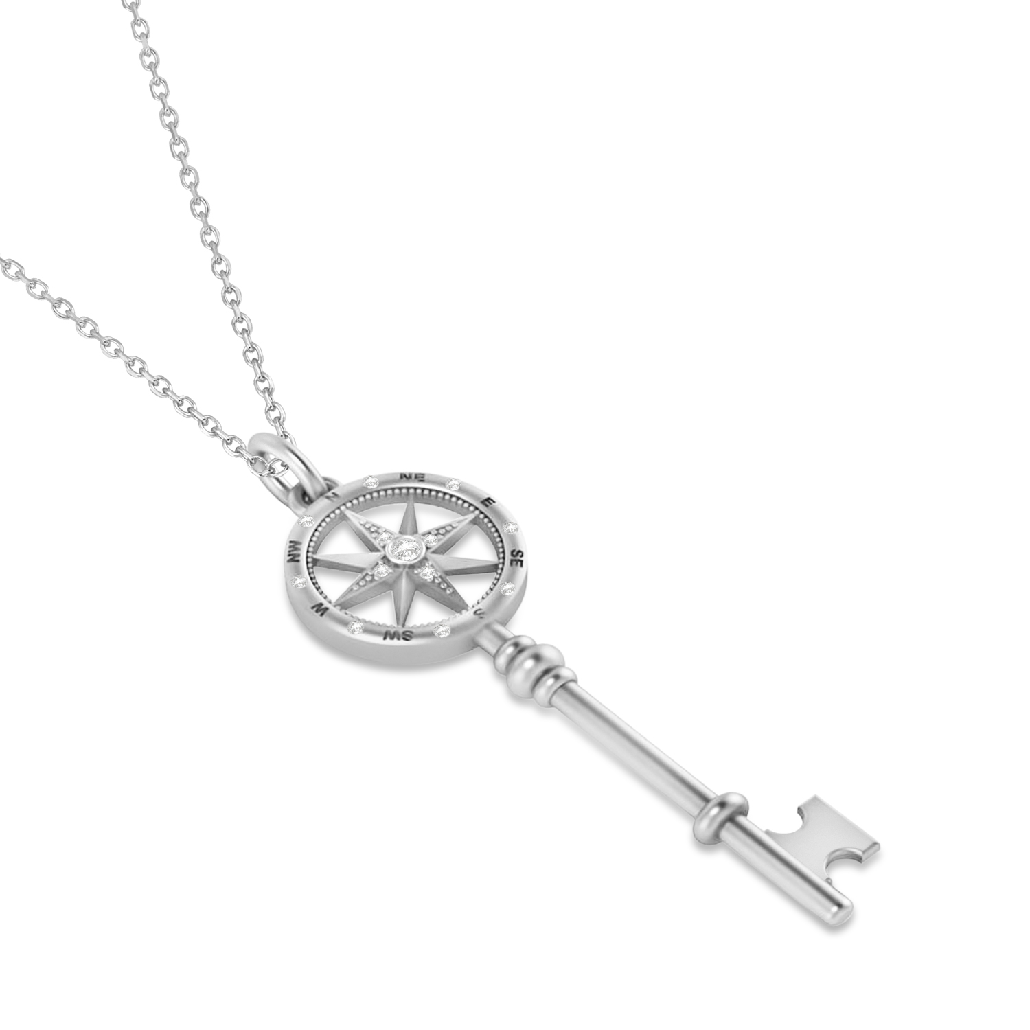 Diamond Compass Key Pendant 14k White Gold (0.08 ctw)