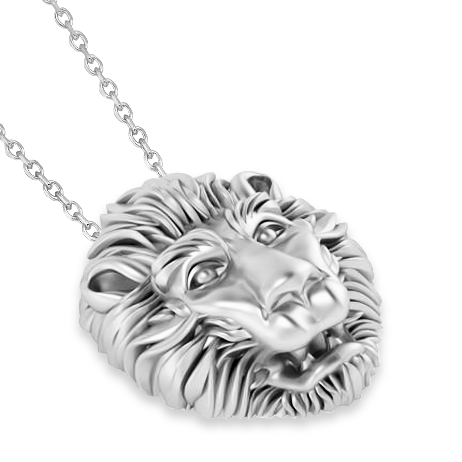 Lion's Head Pendant Necklace 14k White Gold