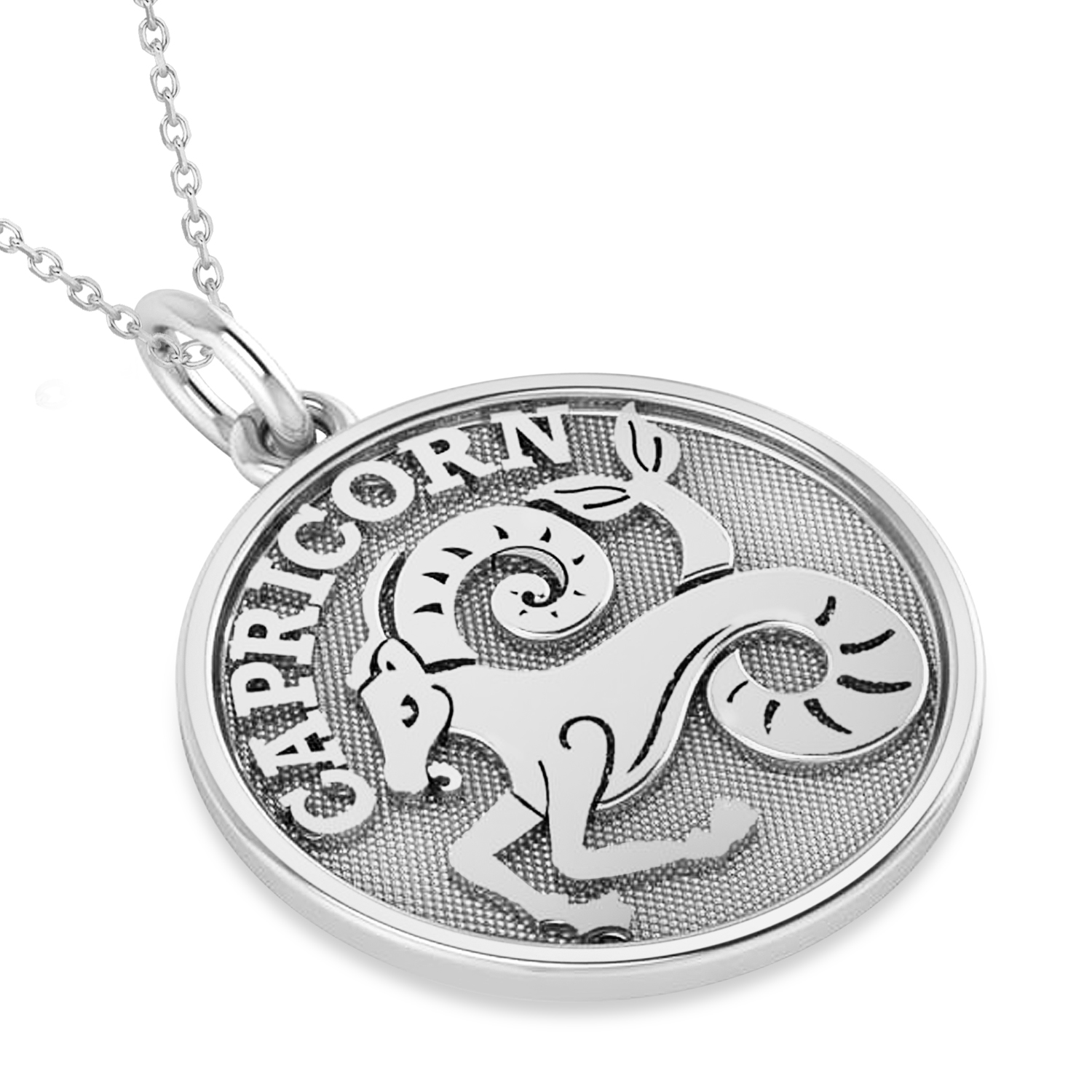 Capricorn Coin Zodiac Pendant Necklace 14k White Gold