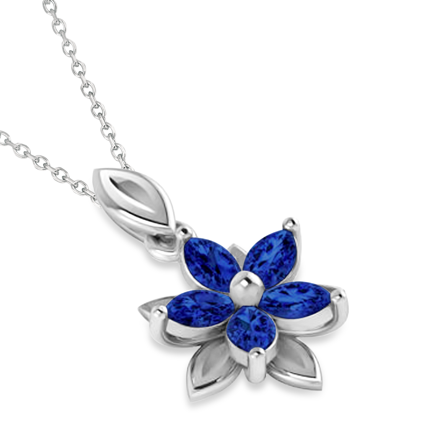 Blue Sapphire Double Layered 5-Petal Necklace 14k White Gold (1.20ct)