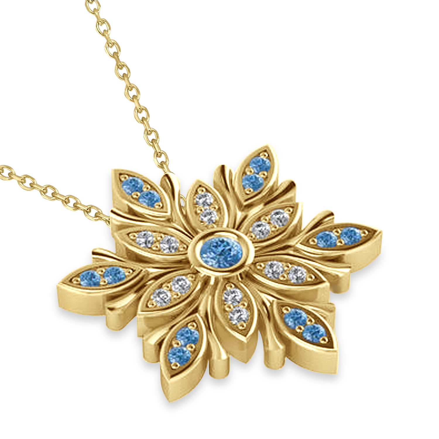 Blue & White Diamond Snowflake Necklace 14k Yellow Gold (0.29ct)