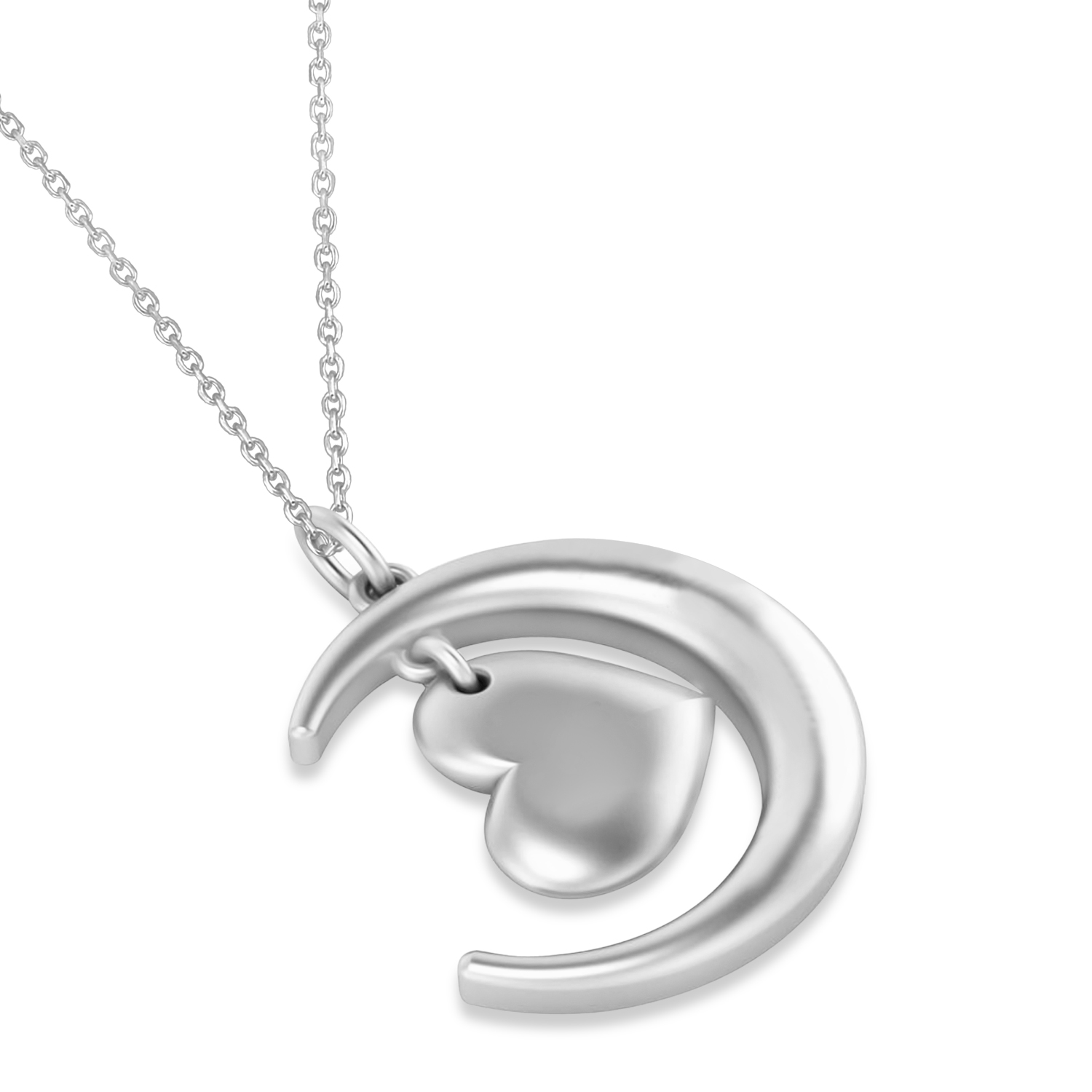 Moon with Heart Pendant Necklace 14K White Gold