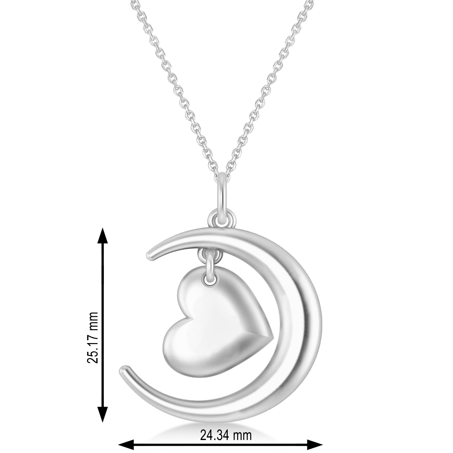 Moon with Heart Pendant Necklace 14K White Gold
