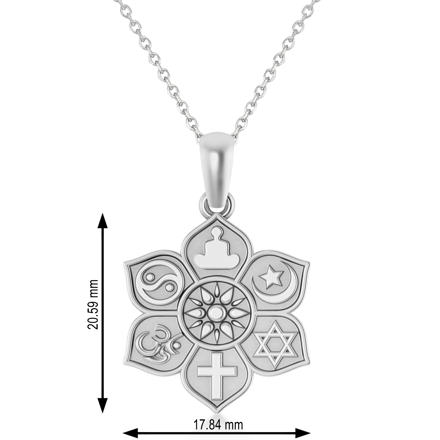 Coexist Symbols on Lotus Flower Pendant Necklace 14k White Gold