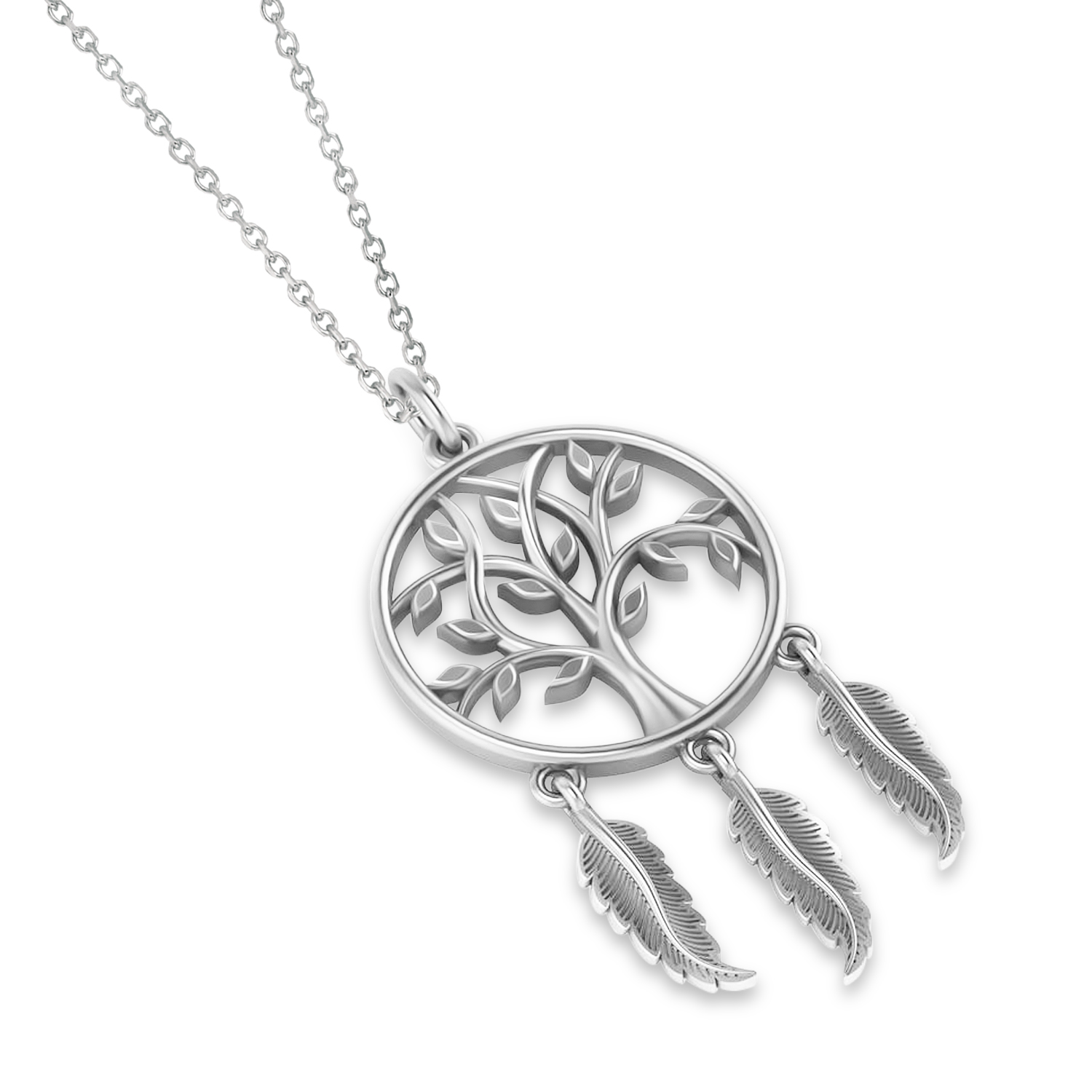 Tree of Life Dream Catcher Pendant Necklace 14k White Gold