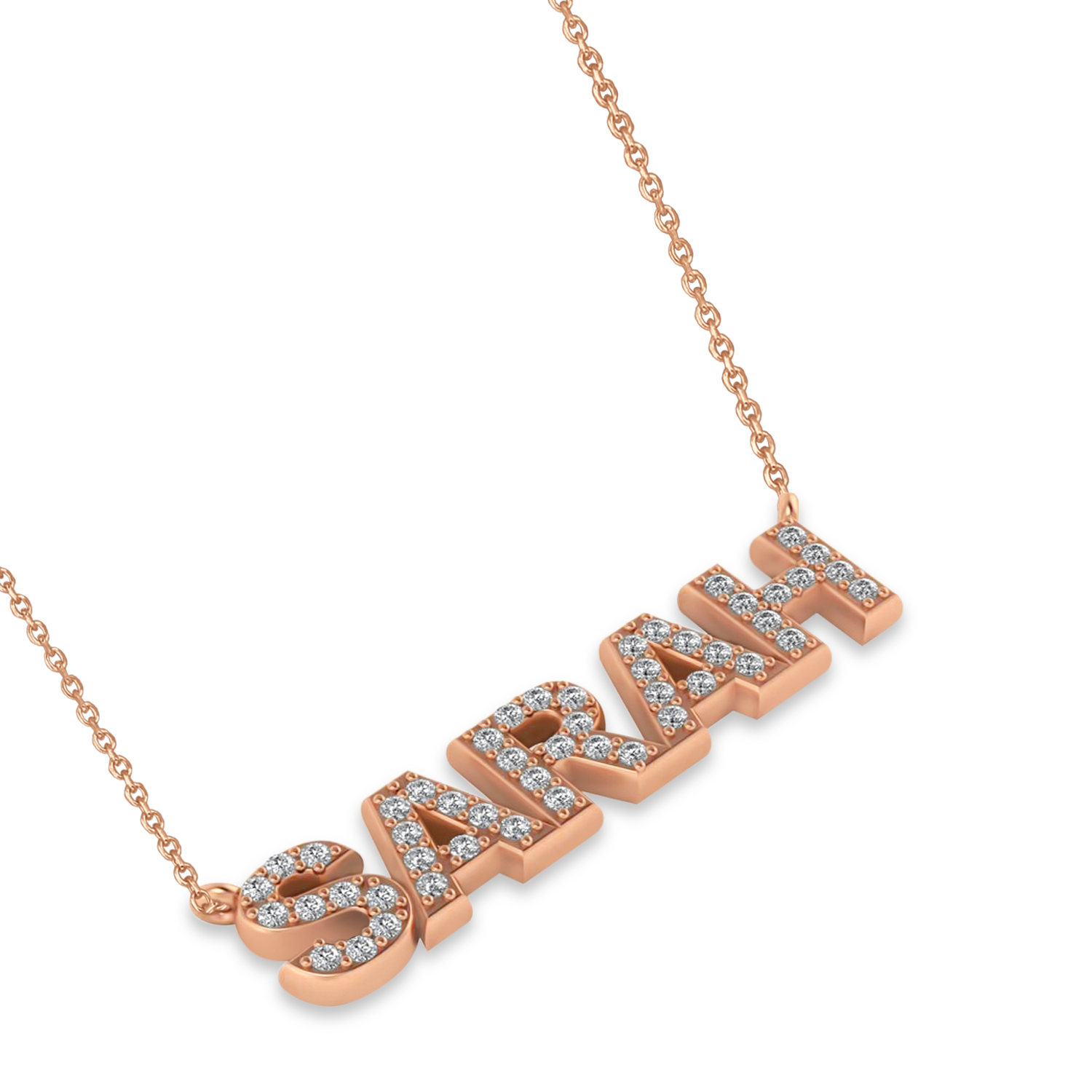 Diamond Block Font Name Pendant Necklace 14K Rose Gold