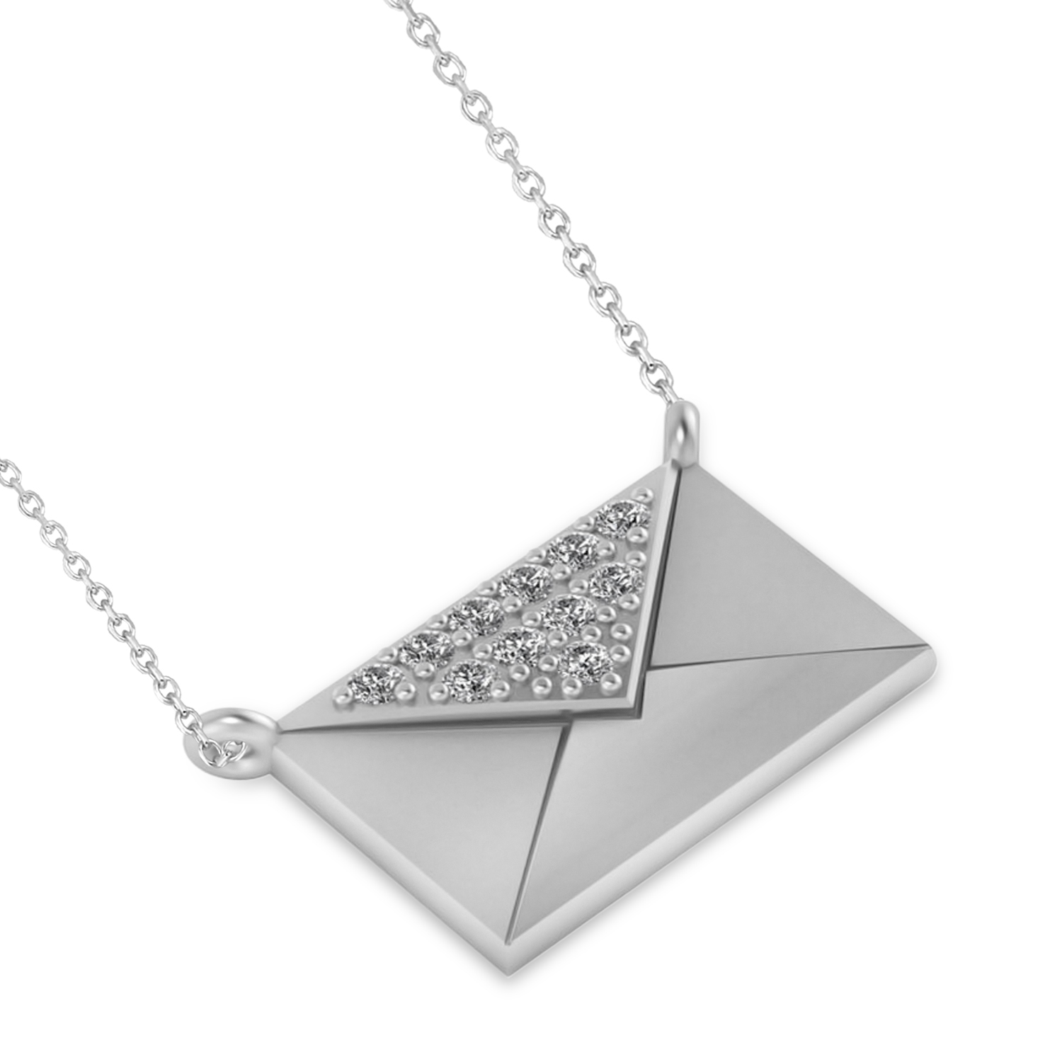 Engravable Diamond Love Letter Envelope Pendant Necklace 14k White Gold (0.17ct)
