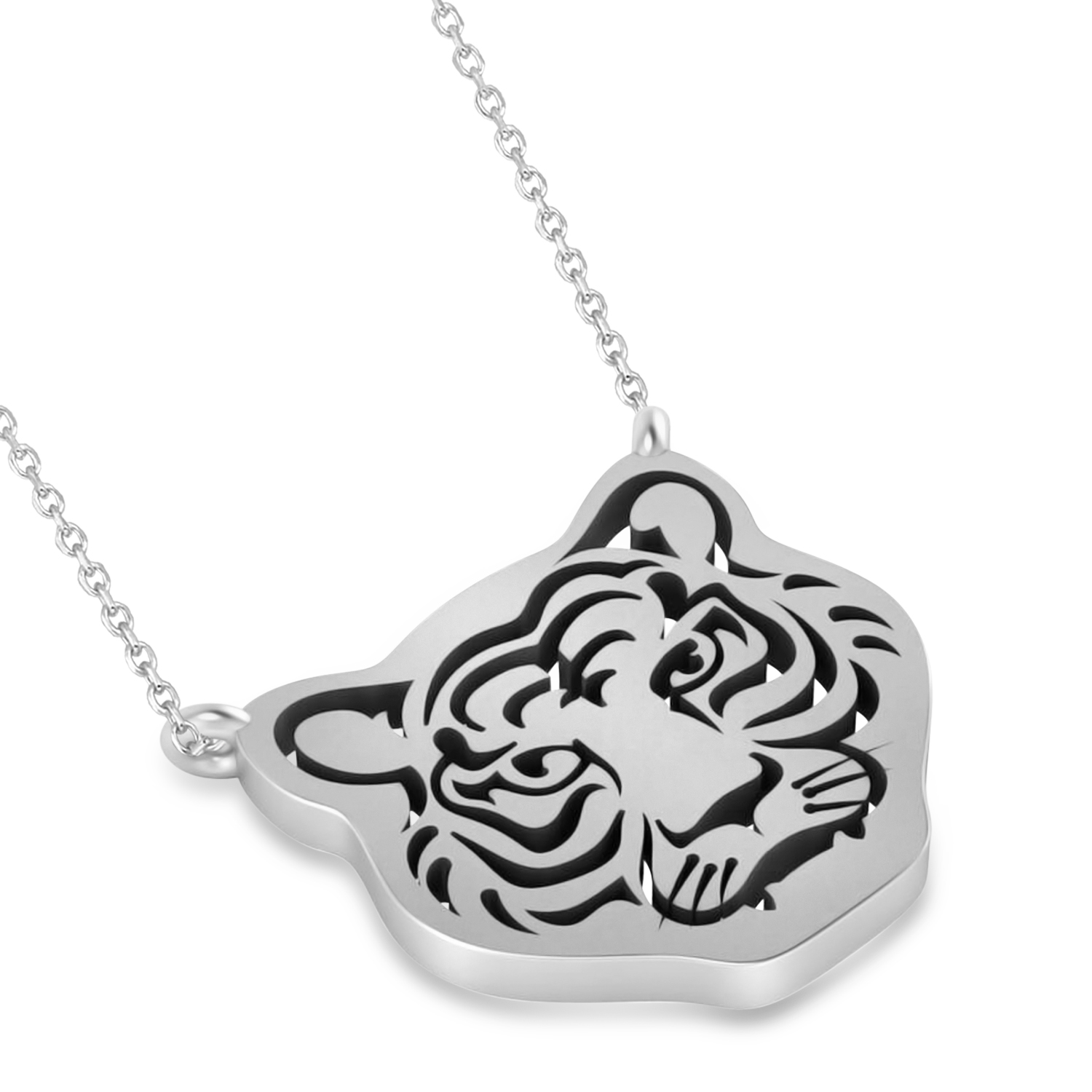 Tiger's Face Shaped Charm Pendant Necklace 14k White Gold